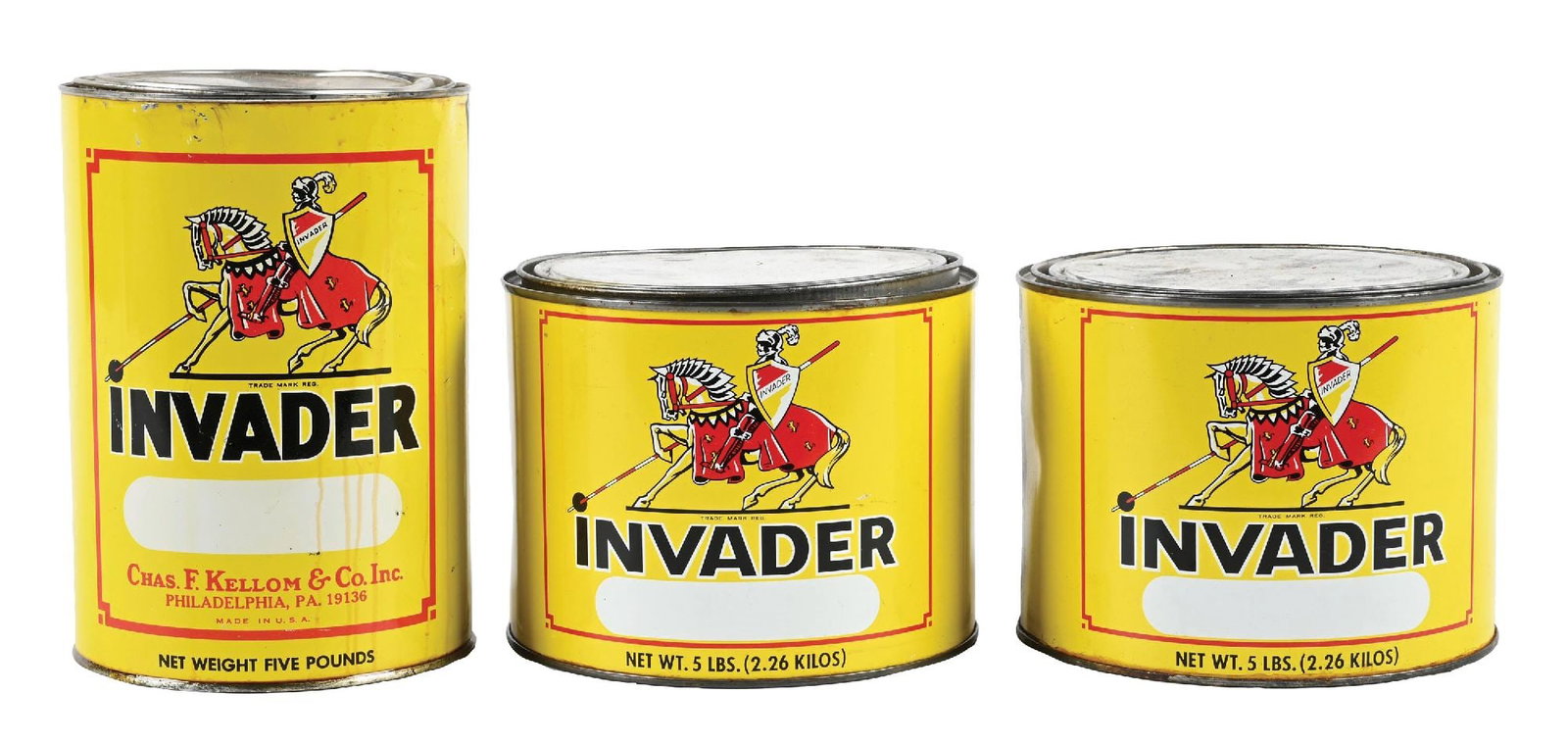 COLLECTION OF 3: INVADER FIVE POUND GREASE CANS W/ KNIGHT GRAPHIC. (1 of 4)