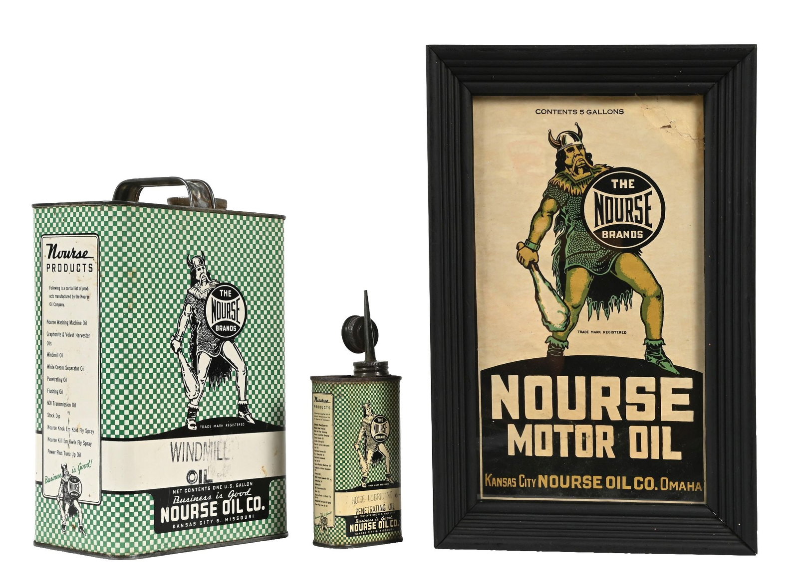 COLLECTION OF 3: NOURSE OIL CO. WINDMILL OIL AND HOUSE LUBRICANT & PENETRATING OIL CANS, AND FRAMED (1 of 2)