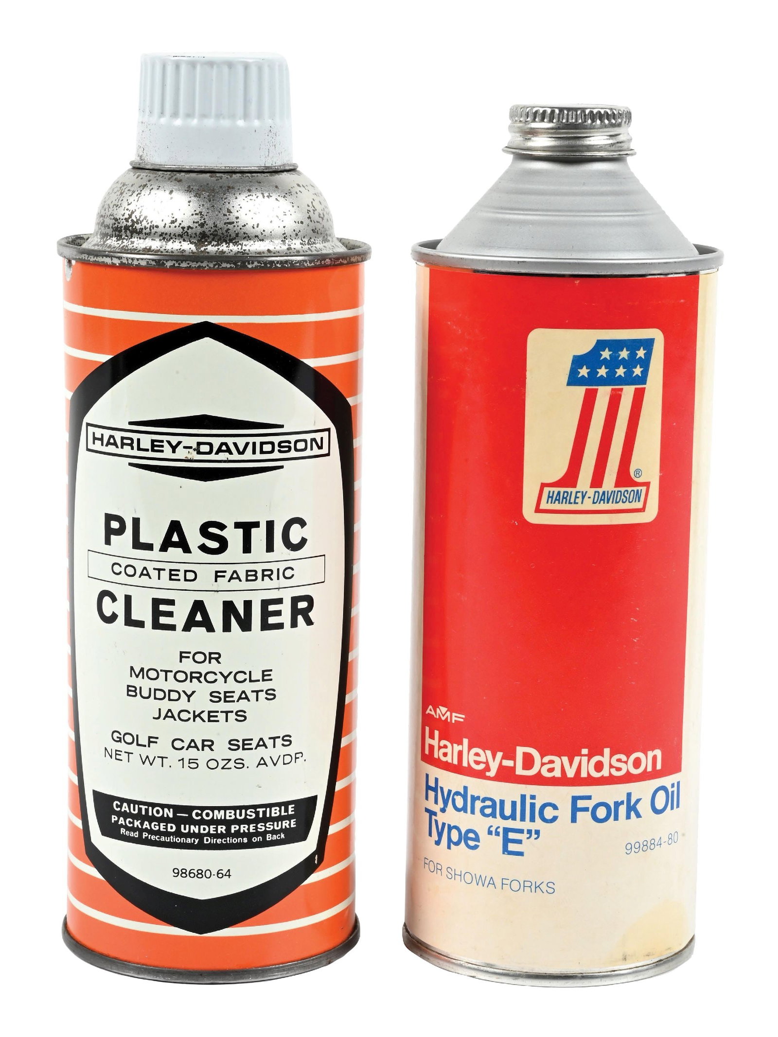 COLLECTION OF 2: HARLEY-DAVIDSON COATED FABRIC PLASTIC CLEANER AND HYDRAULIC FORK OIL TYPE "E" CANS (1 of 4)