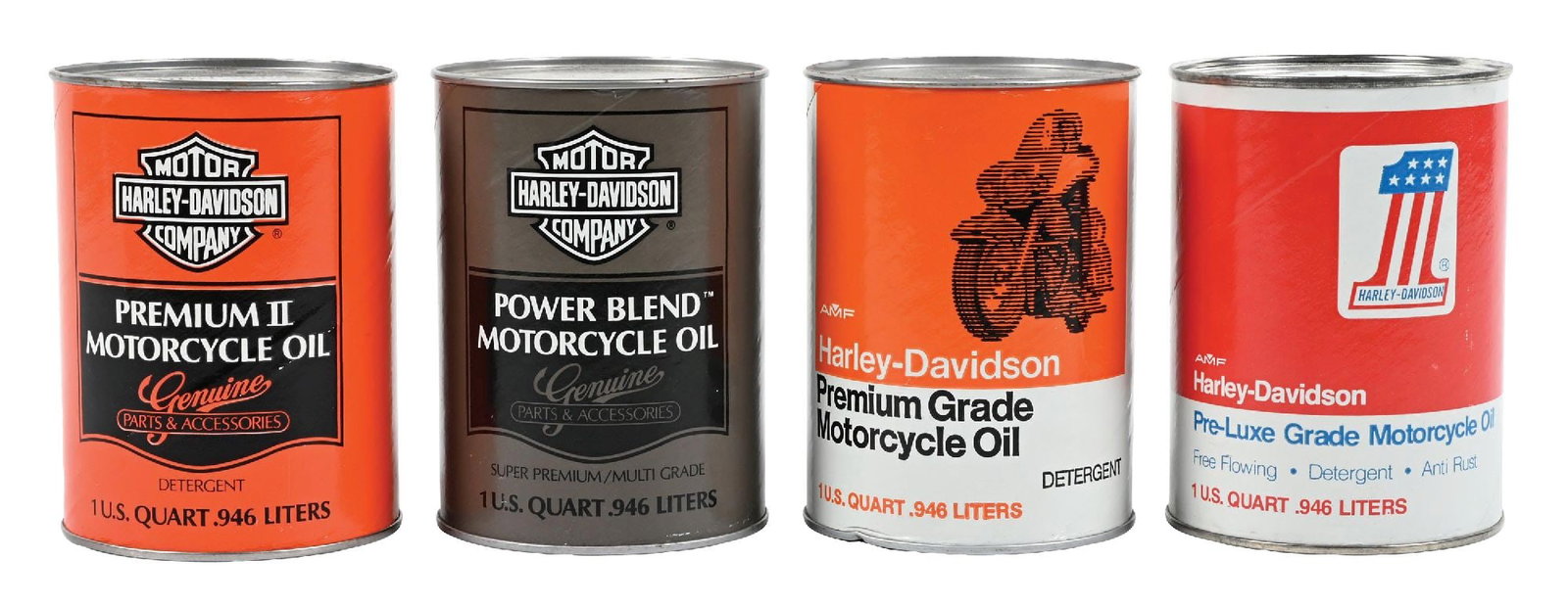 COLLECTION OF 4: HARLEY-DAVIDSON MOTORCYCLE OIL ONE U.S. QUART CANS: Collection Consists Of: Four individual One Quart Composite Cans for Harley Davidson Motor Oils. CONDITION: Each in excellent condition throughout showing only minimal areas of light surface and stora