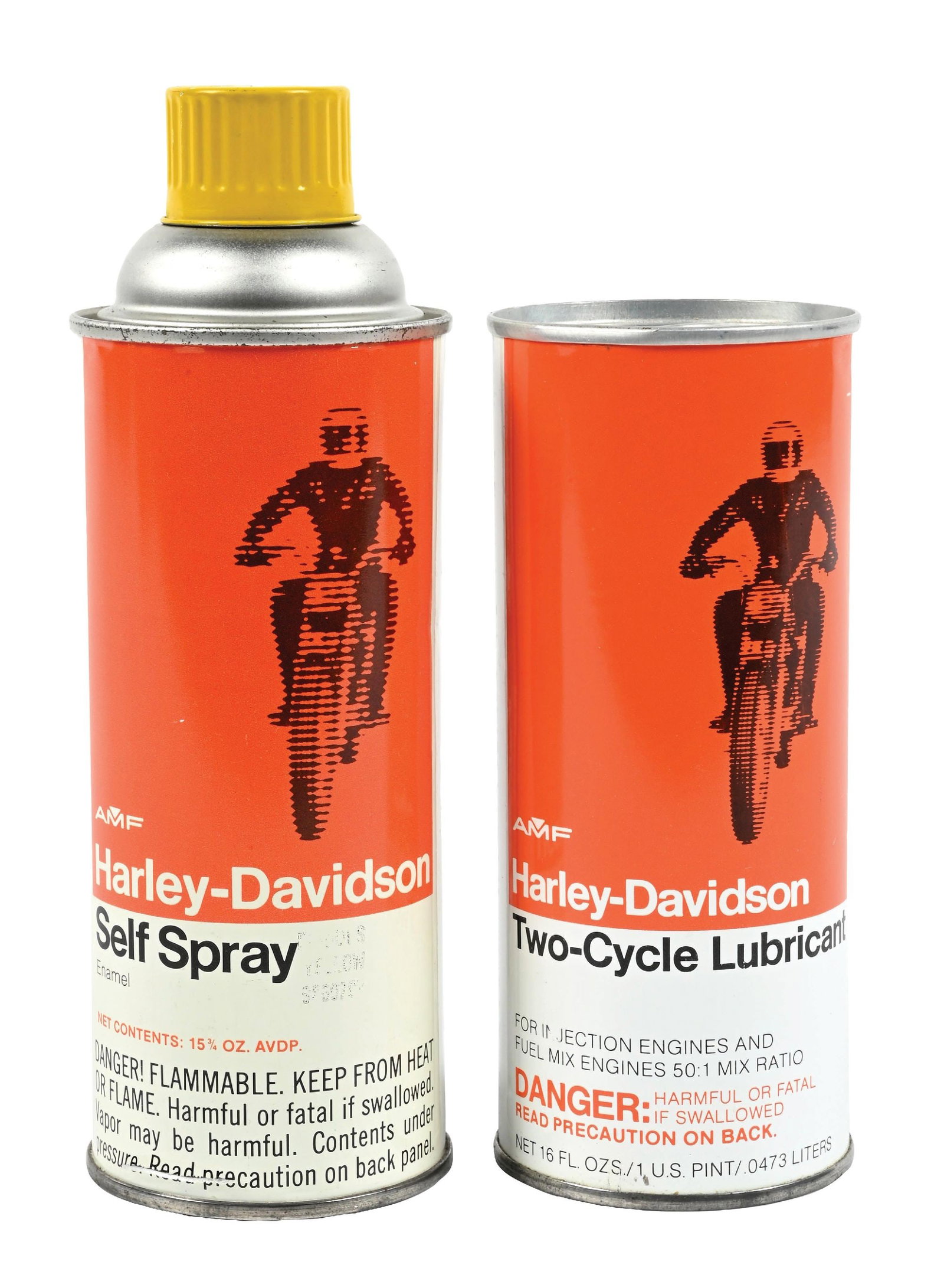 COLLECTION OF 2: HARLEY-DAVIDSON CANS, ENAMEL SELF SPRAY AND TWO-CYCLE LUBRICANT: Collection Consists Of: Harley Davidson Self Spray & Two Cycle Lubricant Cans. CONDITION: Each in excellent condition showing bright color & gloss with limited areas of light age wear. Self spray can 