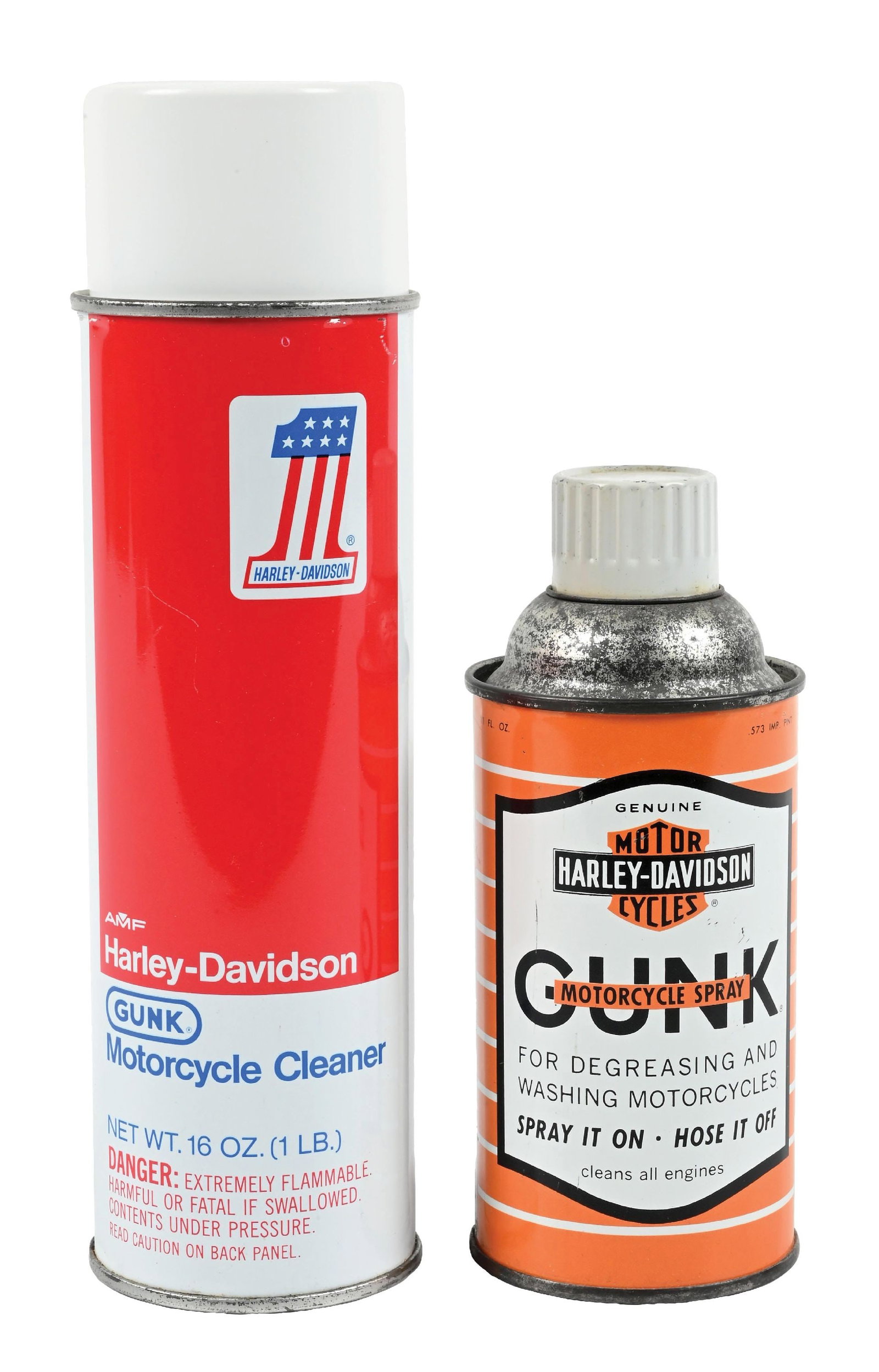 COLLECTION OF 2: HARLEY-DAVIDSON GUNK MOTORCYCLE CLEANER CANS: Collection Consists Of: Two Harley Davidson Gunk Motorcycle cleaner cans. CONDITION: Each in excellent condition throughout showing minor areas of light surface wear from storage. Each showing their o