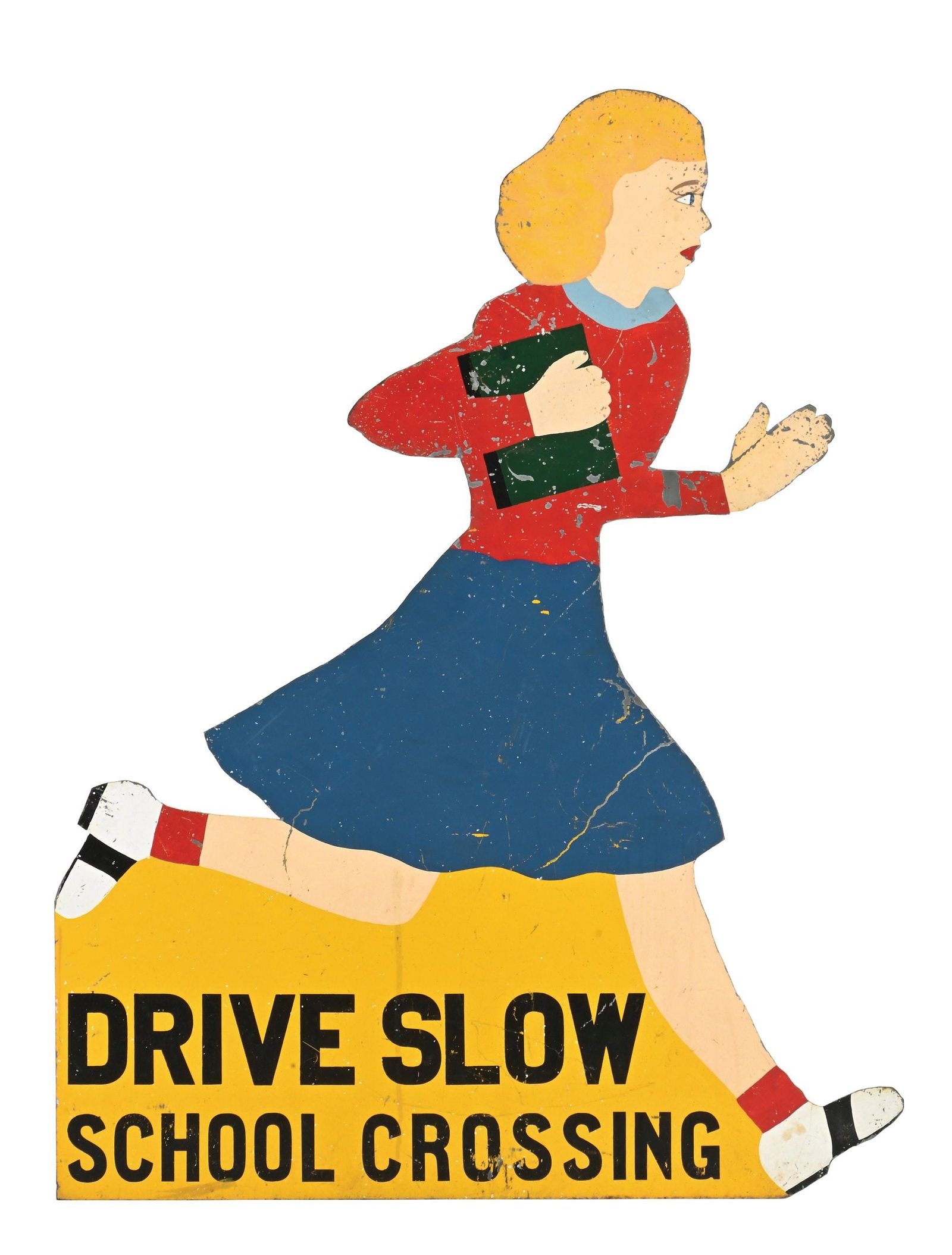 DRIVE SLOW SCHOOL CROSSING HAND PAINTED METAL SIGN.: Single Sided Hand Painted Metal Sign with metal easel on the backside. C. 1950s. CONDITION: Very good original condition showing an excellent age & patina throughout with minor areas of surface scratc