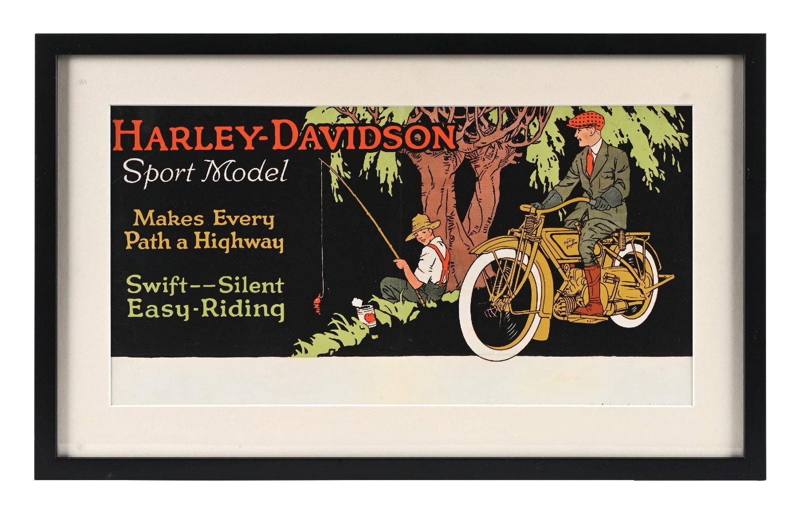 HARLEY-DAVIDSON SPORT MODEL FRAMED CARDSTOCK TROLLEY CARD SIGN.: Single Sided Framed Cardstock Sign. C. 1920s. CONDITION: Excellent color throughout showing very faint fold lines in the inner and lower fields. The crease lines have been very lightly color matched a