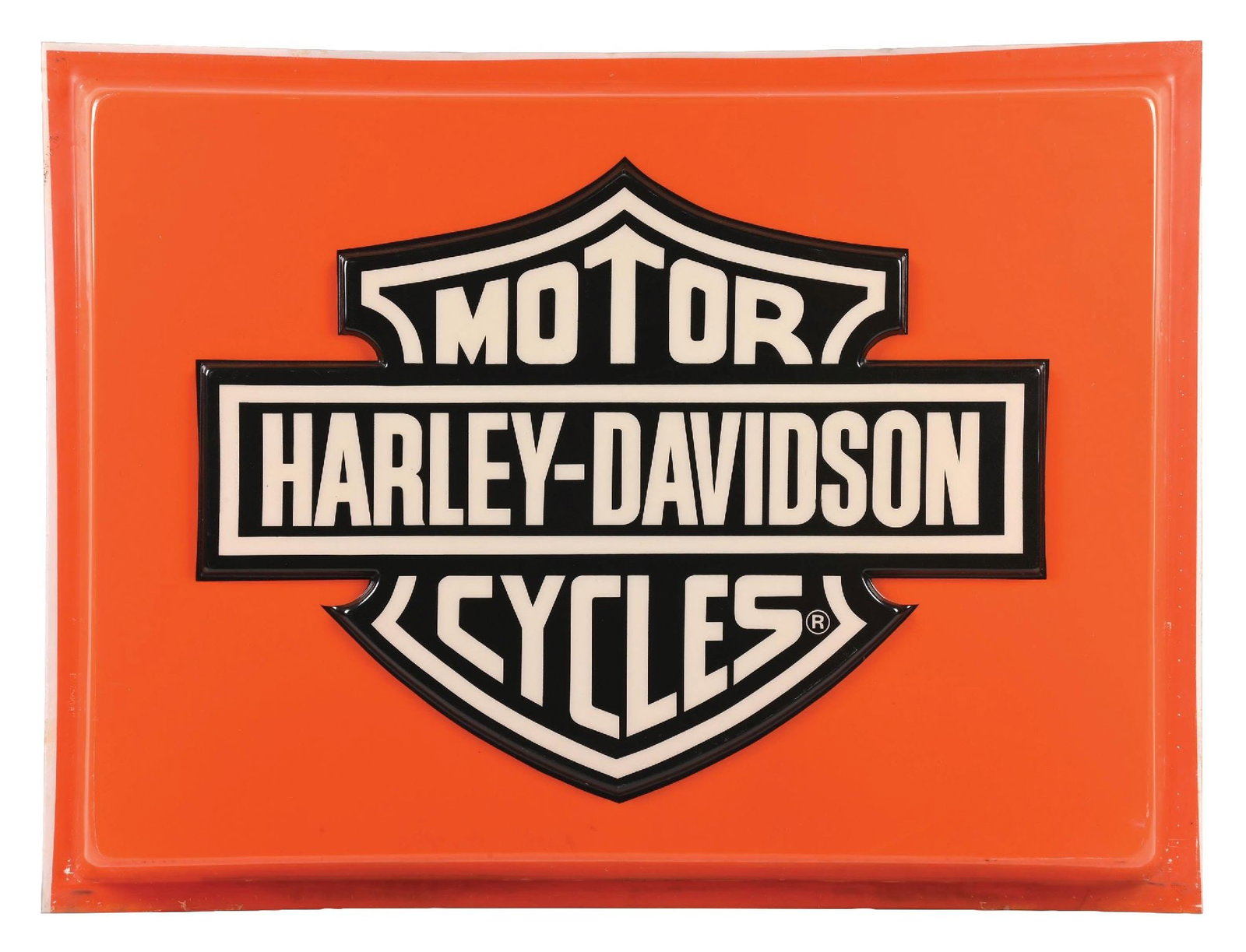 HARLEY-DAVIDSON MOTORCYCLES EMBOSSED PLASTIC DEALERSHIP SIGN: Single Sided Embossed Plastic. CONDITION: Outstanding throughout, most likely n.o.s. with no notable wear to the field. Minor wear along the outer edges, most likely from storage with no heavy damage.