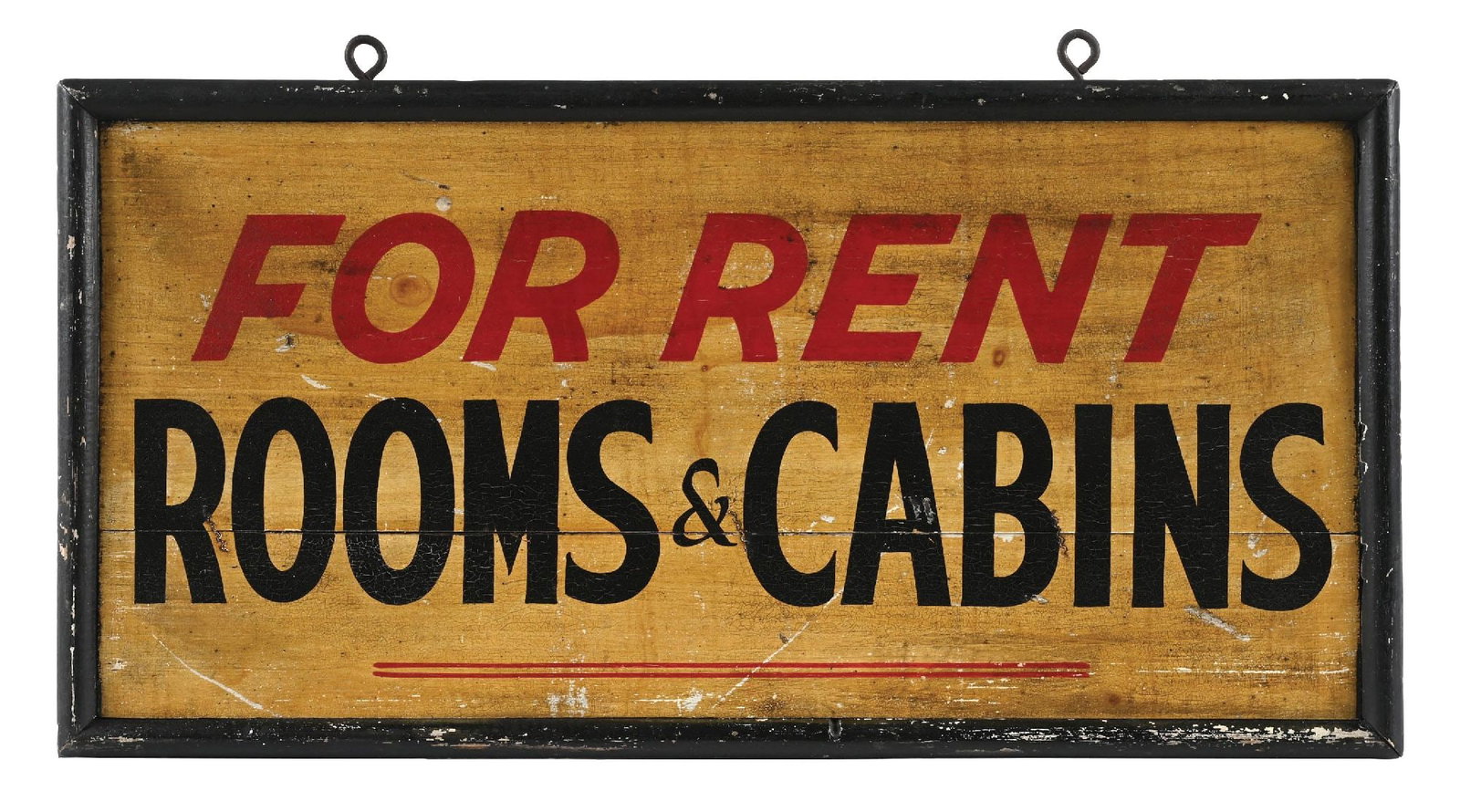 FOR RENT ROOMS & CABINS HAND PAINTED WOOD SIGN W/ ORIGINAL FRAME: Double-Sided Hand Painted Wood Sign showing Original Framing. C. 1920s. CONDITION: Excellent original patina throughout showing only light areas of minor use wear and scratching, free of any damage re