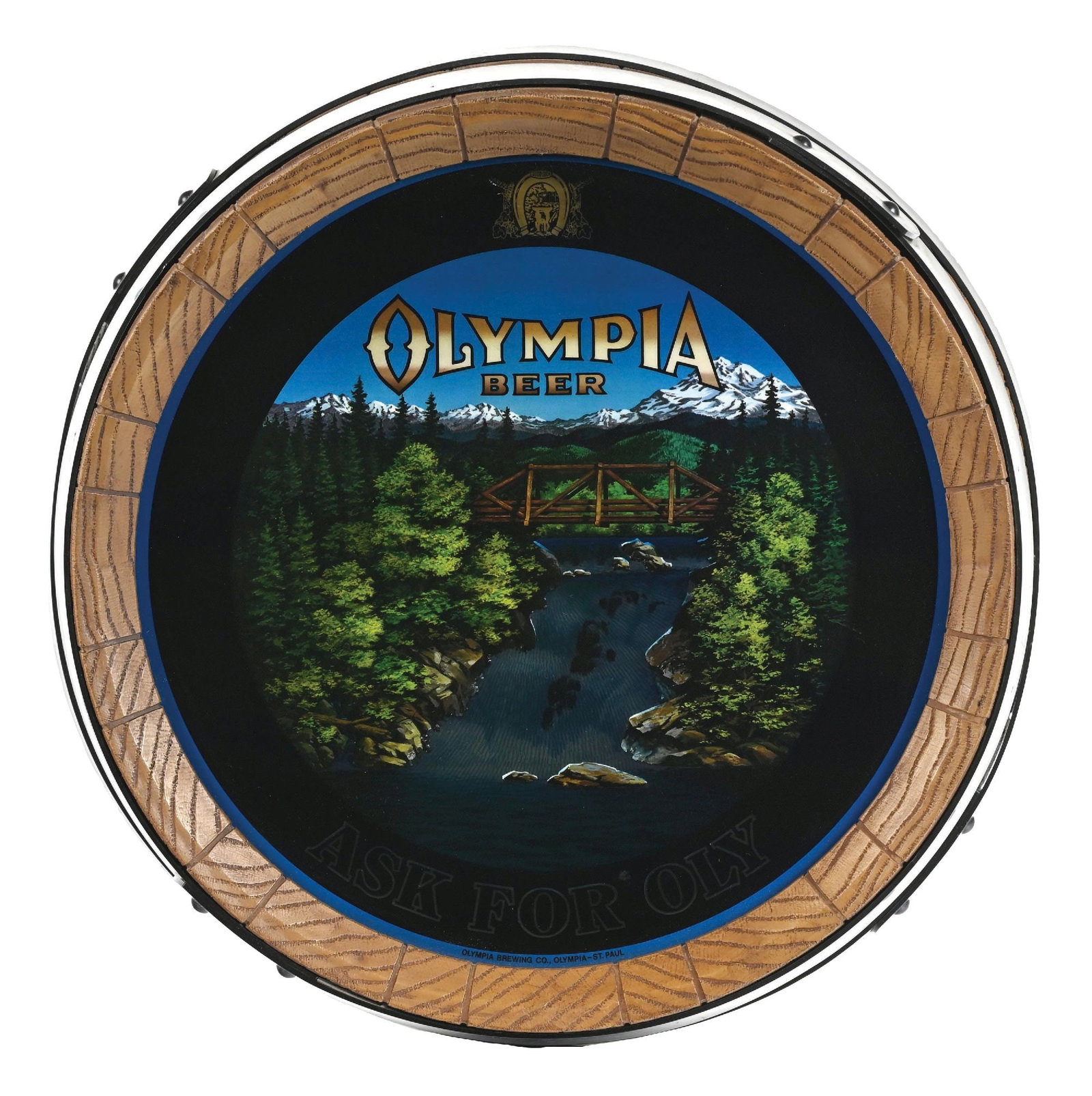 OLYMPIA BEER ILLUSION LIGHT-UP BARREL HEAD SIGN: Single-Sided Figural Illusion Light-Up Display for Olympia Beer showing Waterfall graphic. CONDITION: Excellent color & gloss throughout, in working order lighting up nicely. No notable wear to the bo