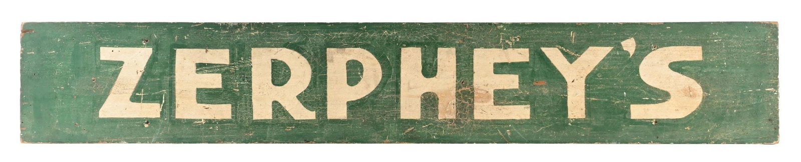 ZERPHEY'S COUNTRY STORE HAND PAINTED WOOD SIGN: Double Sided Hand Painted Wood Sign. C. 1930s. CONDITION: Excellent crackled paint surface throughout each side showing no notable heavy damage to the field. Excellent original patina with light wear 