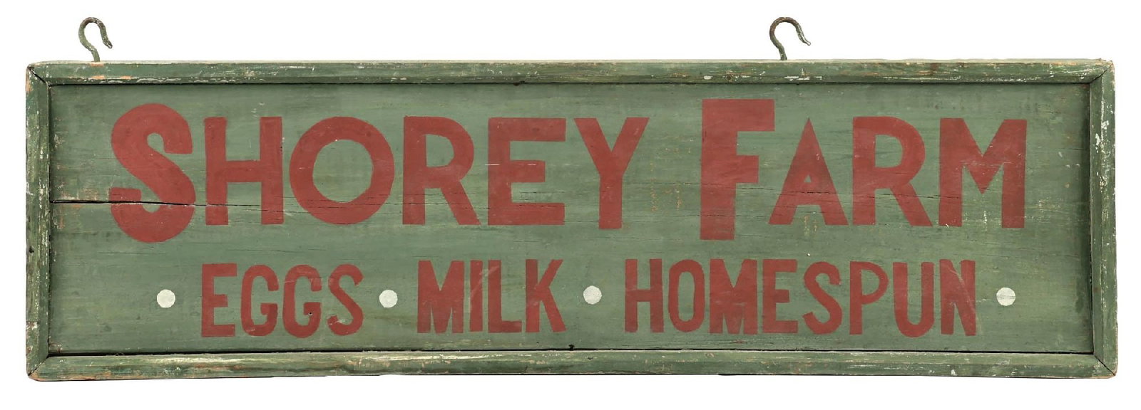 HOME BEAUTY SHOP MARY M. WARDWELL & SHOREY FARM PAINTED WOOD SIGN WITH FRAME: Double Sided Hand Painted Wood Sign, each side showing a different advertisement. CONDITION: Each side in good condition with the beauty shop side showing some areas of chipping to the paint but overa