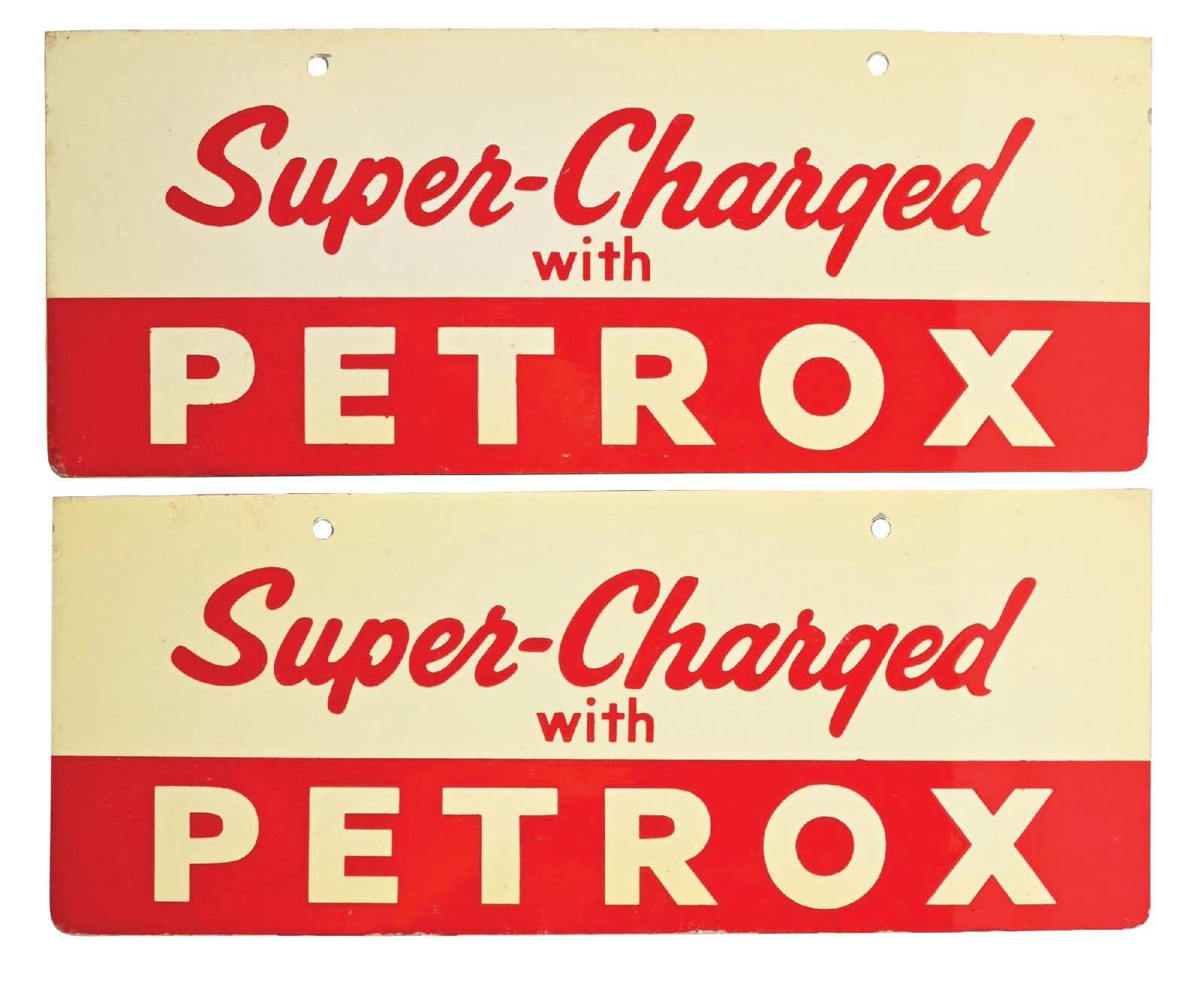 COLLECTION OF 2: TEXACO SUPER-CHARGED WITH PETROX N.O.S. TIN ATTACHMENT SIGNS (1 of 2)