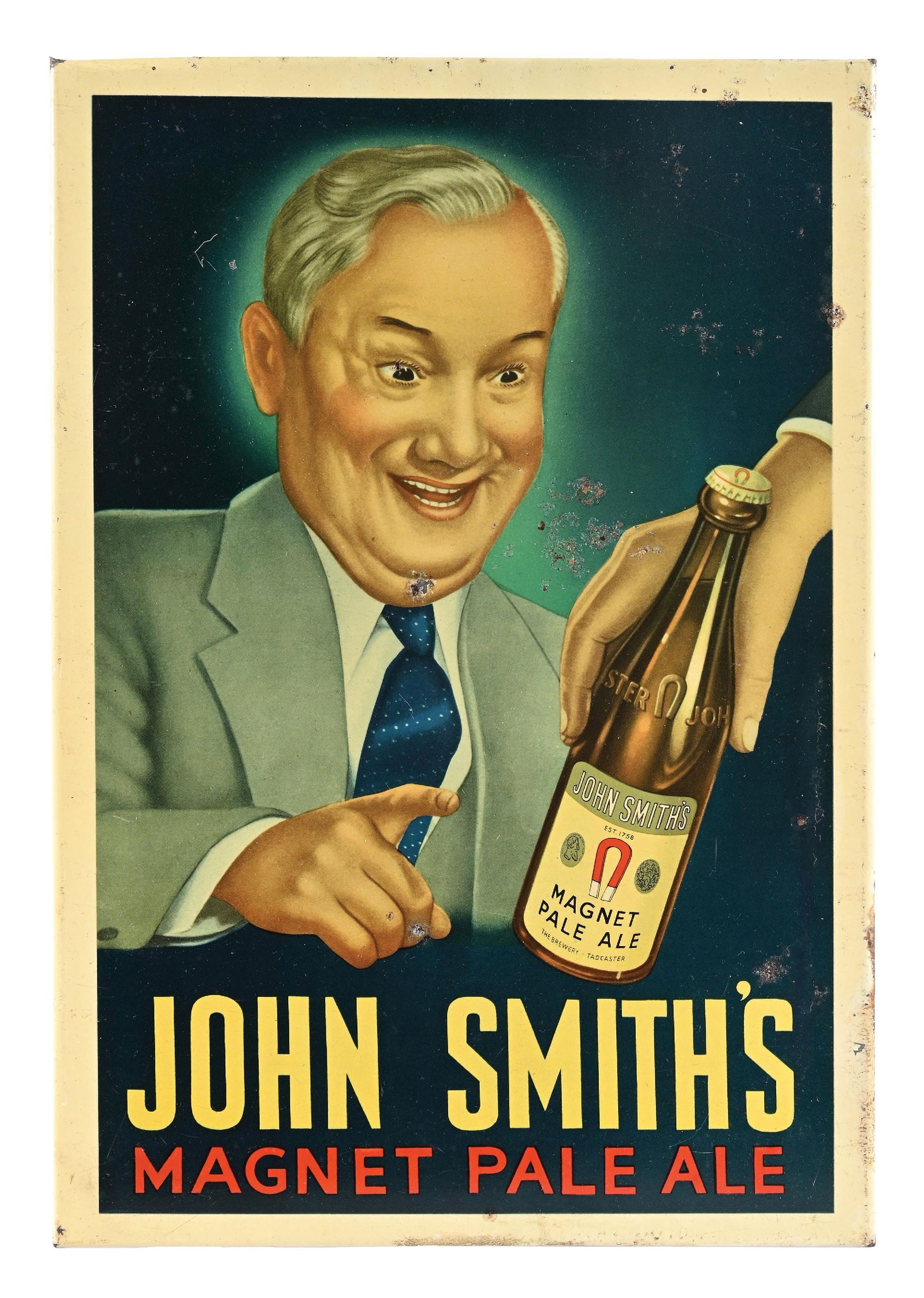JOHN SMITH'S MAGNET PALE ALE TIN OVER CARDBOARD SIGN: Single-Sided Tin Over Cardboard. CONDITION: Very good color & gloss, showing minor surface wear in the field with some rust staining. Minor wear along the outer edges, graphic in very good condition. 