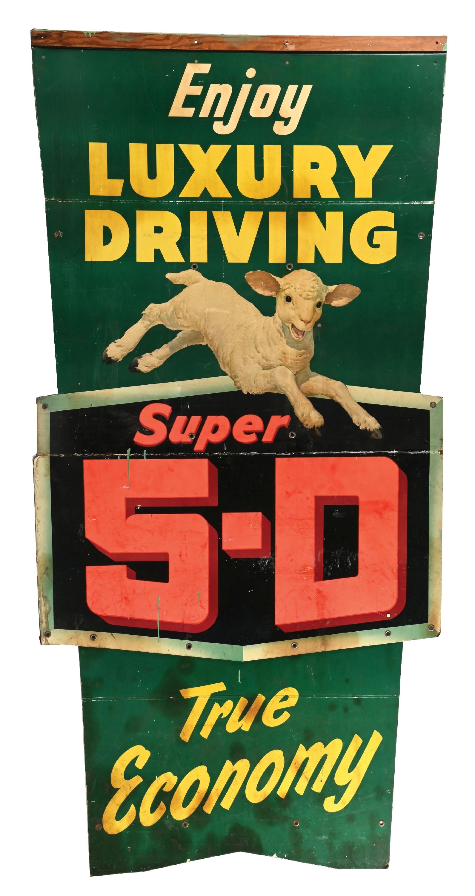 CITIES SERVICE ENJOY LUXURY DRIVING SUPER 5-D CARDBOARD BANNER W/ LAMB GRAPHIC.: Single Side Cardboard. C. 1950s. CONDITION: Overall good showing general wear throughout with excellent color & shine. Minor staining and wear in the field, most of which appears removable if desired.