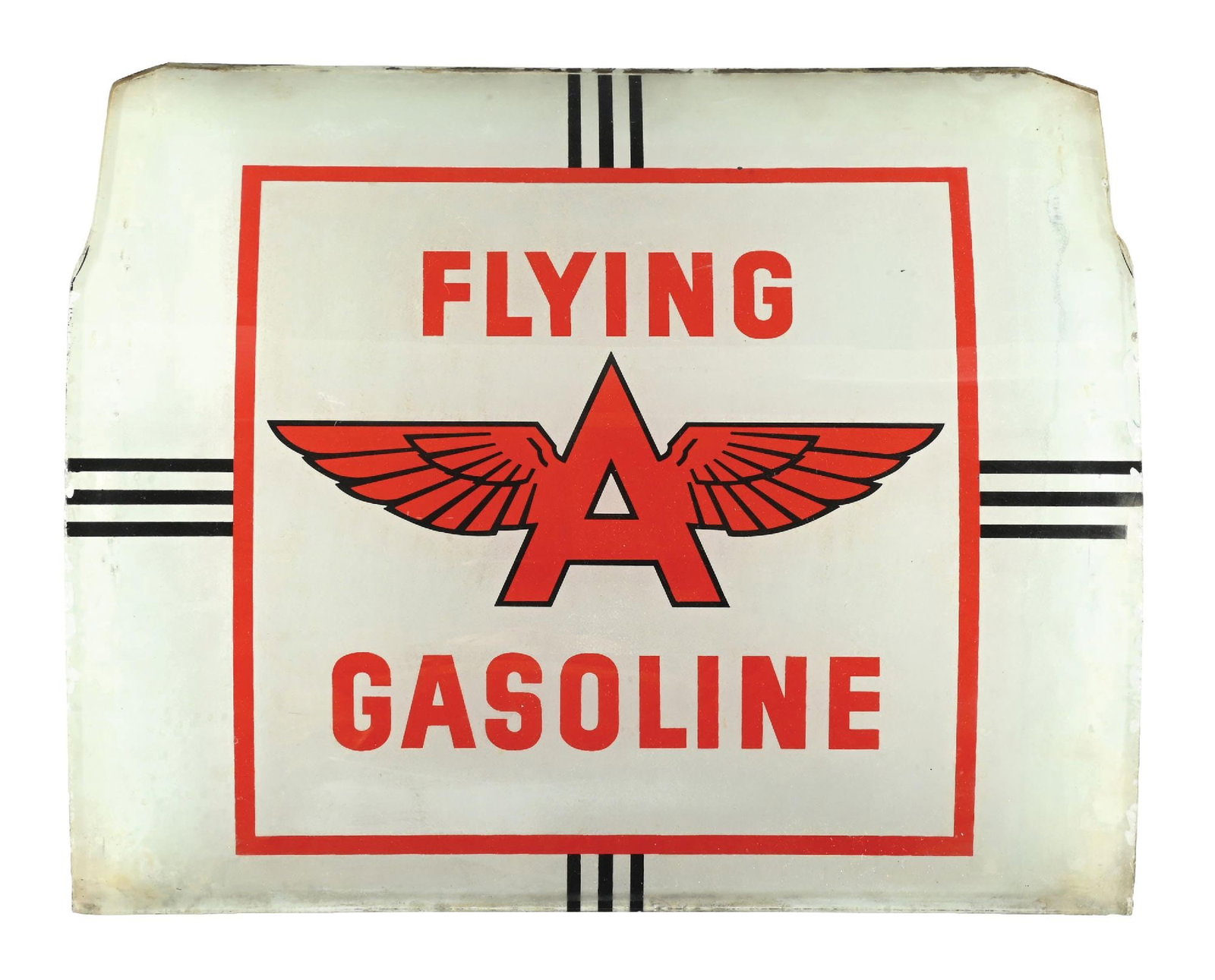 FLYING A GASOLINE A-38 AD GLASS PANEL: CONDITION: Showing very good color in the field with chipping along the outer edges as well as some minor discoloration in the white backing. Condition: (8.0). Dimensions: 15" x 12".