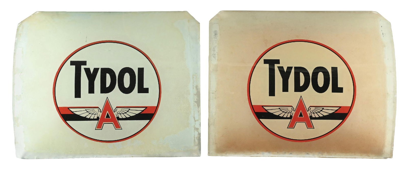 COLLECTION OF 2: TYDOL FLYING A GASOLINE A-38 AD GLASS PANELS: Set of two. CONDITION: Showing very good color in the field with chipping along the outer edges as well as some heavier discoloration in the white backing. Loss of color along the edges. Condition: (7