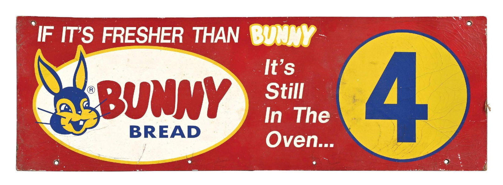 BUNNY BREAD MASONITE ISLE MARKER SIGN: Single-Sided Masonite. CONDITION: Showing fair color with general wear throughout as well as some warping. General wear at mounting holes and along the outer edges. Condition: (ORIGINAL). Dimensions: 