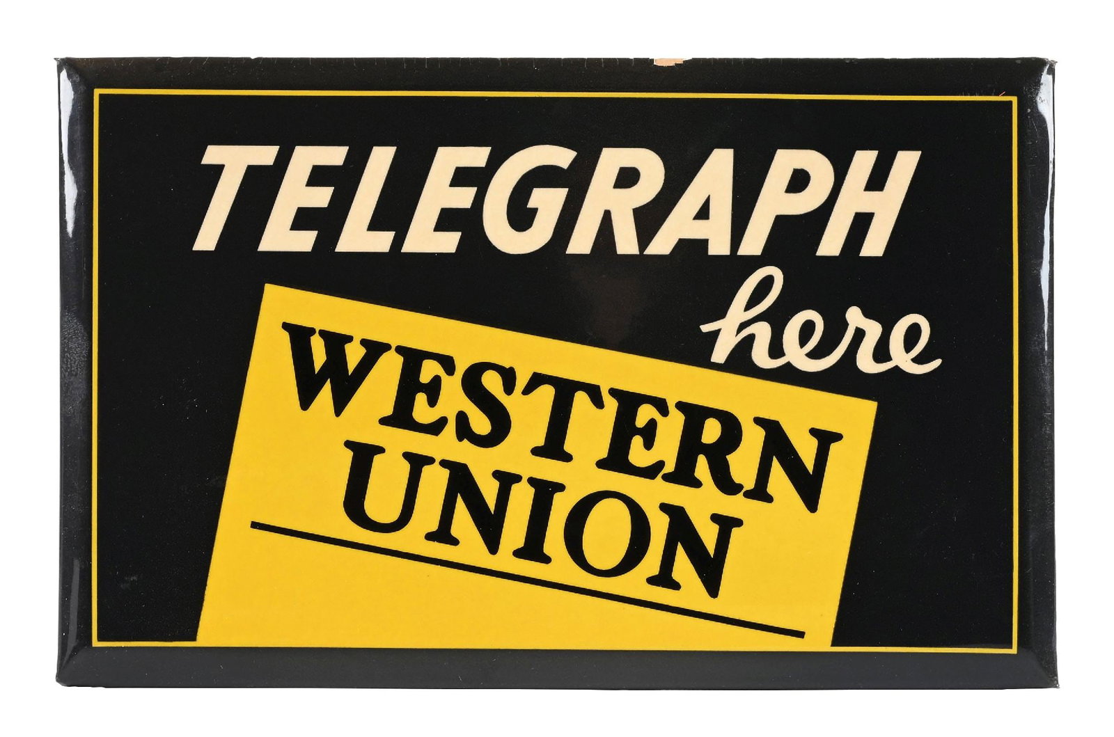 WESTERN UNION TELEGRAPH HERE CELLULOID OVER CARDBOARD SIGN W/ EASEL BACK. (1 of 2)