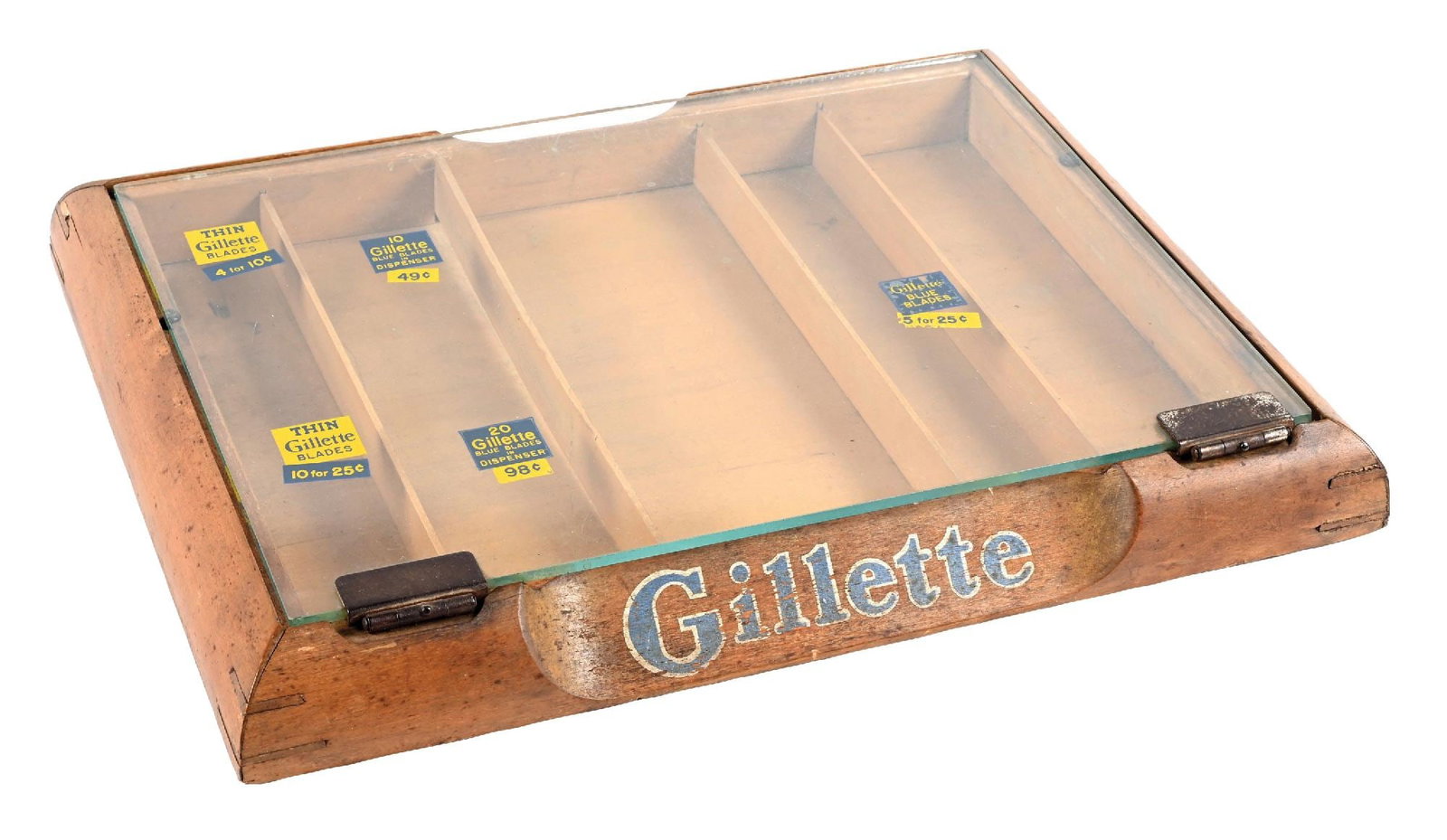 GILLETTE BLADES GLASS & WOOD COUNTERTOP DISPLAY: C. 1930s. Glass Face with Wooden Base & Tray for Gillette Shaving Blades. CONDITION: Overall very good showing light general age & use wear with original decals and hardware intact. No notable damage 