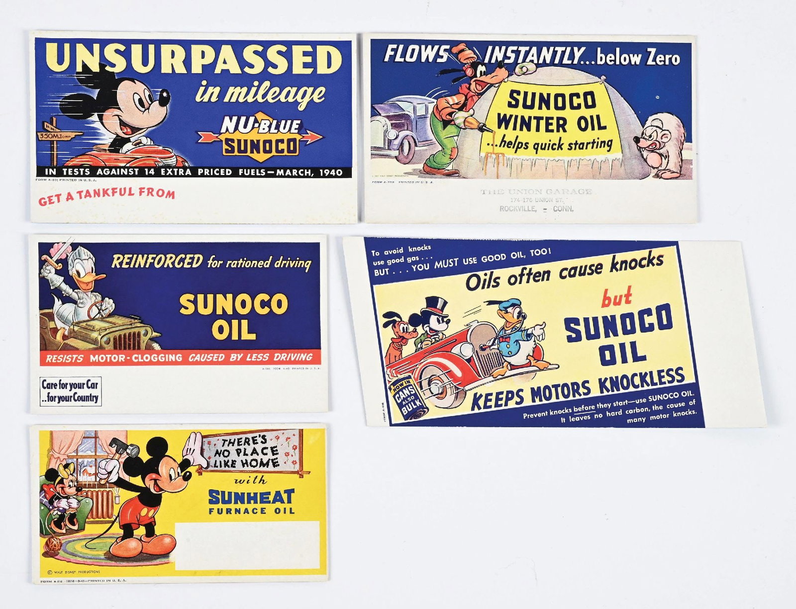 COLLECTION OF 5: NEW OLD STOCK SUNOCO INK BLOTTERS W/ MICKEY MOUSE DISNEY CHARACTER GRAPHICS. (1 of 2)