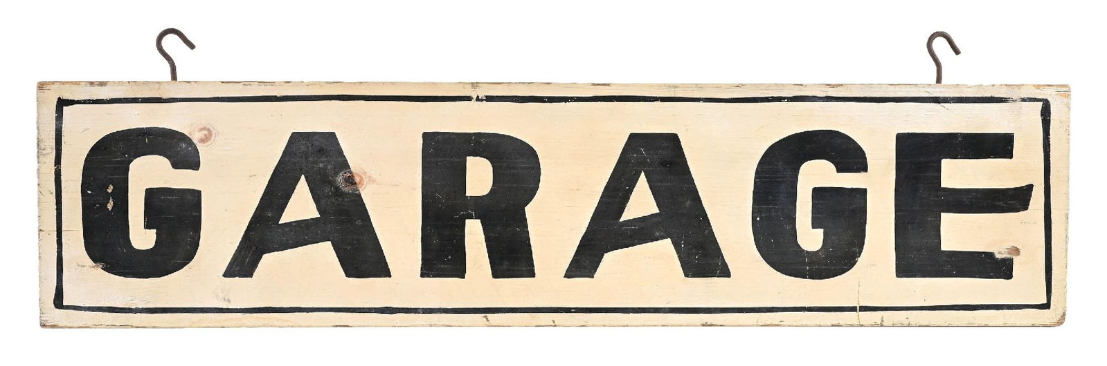 GARAGE HAND PAINTED WOOD SIGN: Double Sided Hand Painted Wood, C. 1920s. CONDITION: Showing an excellent original patina throughout each side with no notable damage. Light areas of surface wear with minimal wear at the outer edges.