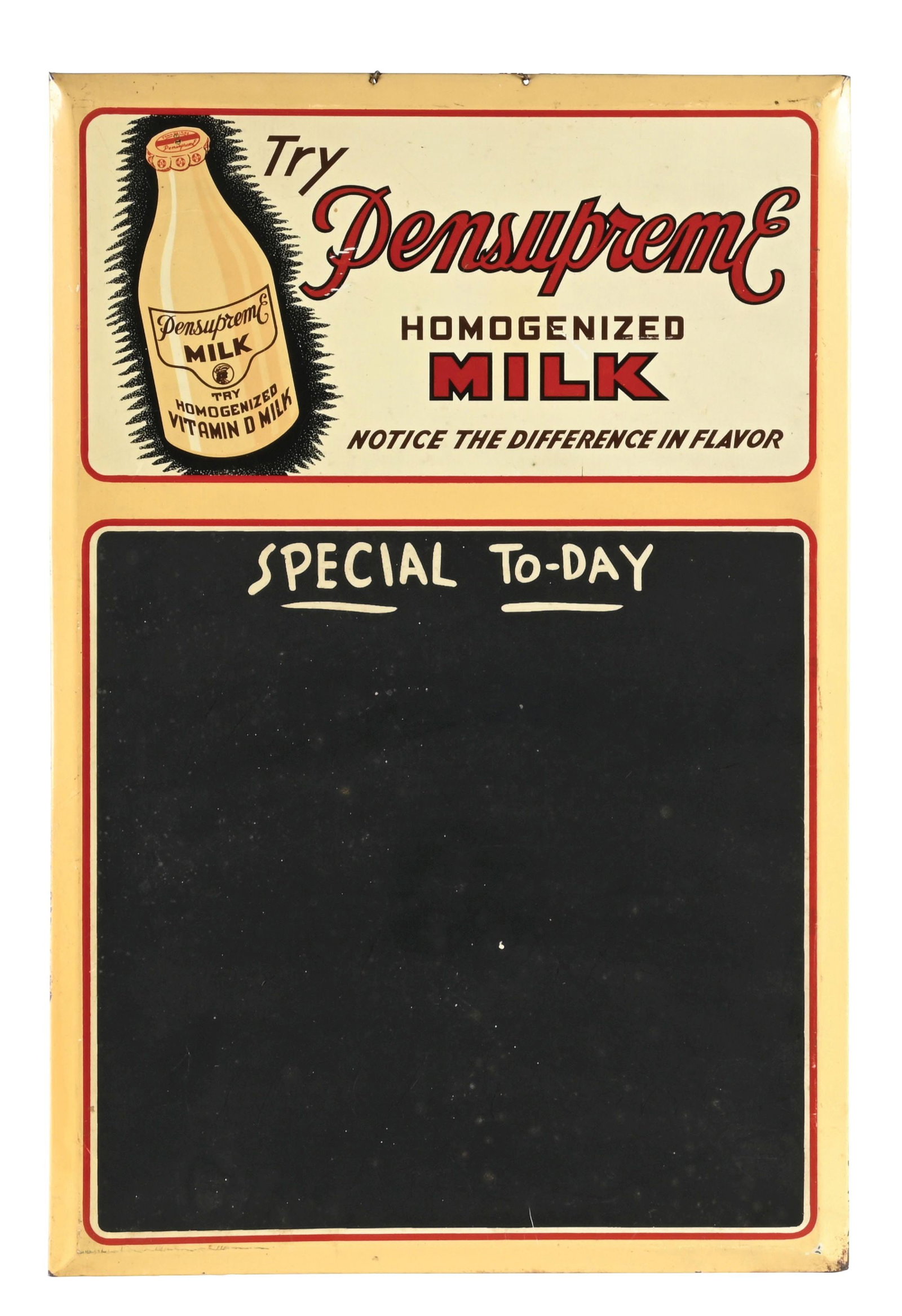 TRY PENSUPREME MILK TIN ADVERTISING MENU BOARD: Single Sided Tin Over Cardboard. C. 1950s. CONDITION: Excellent color & shine throughout showing minimal areas of light surface scratch but overall very clean. Chalkboard in very good condition with m