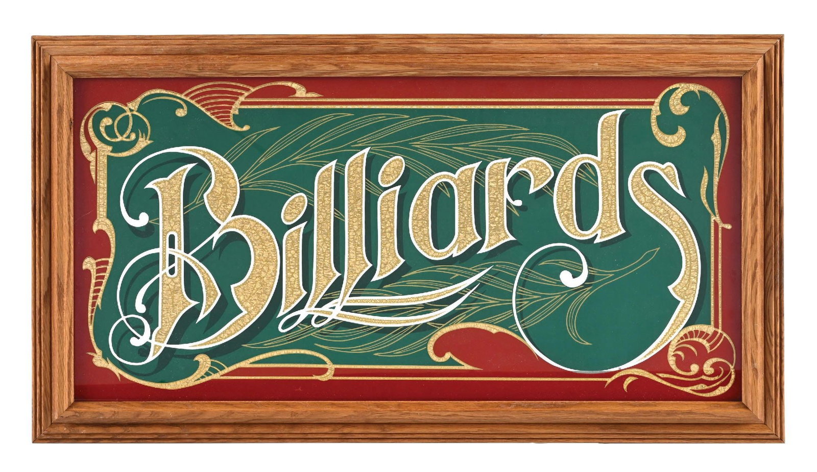 BILLIARDS REVERSE PAINTED GLASS SIGN WITH OAK FRAME (1 of 2)