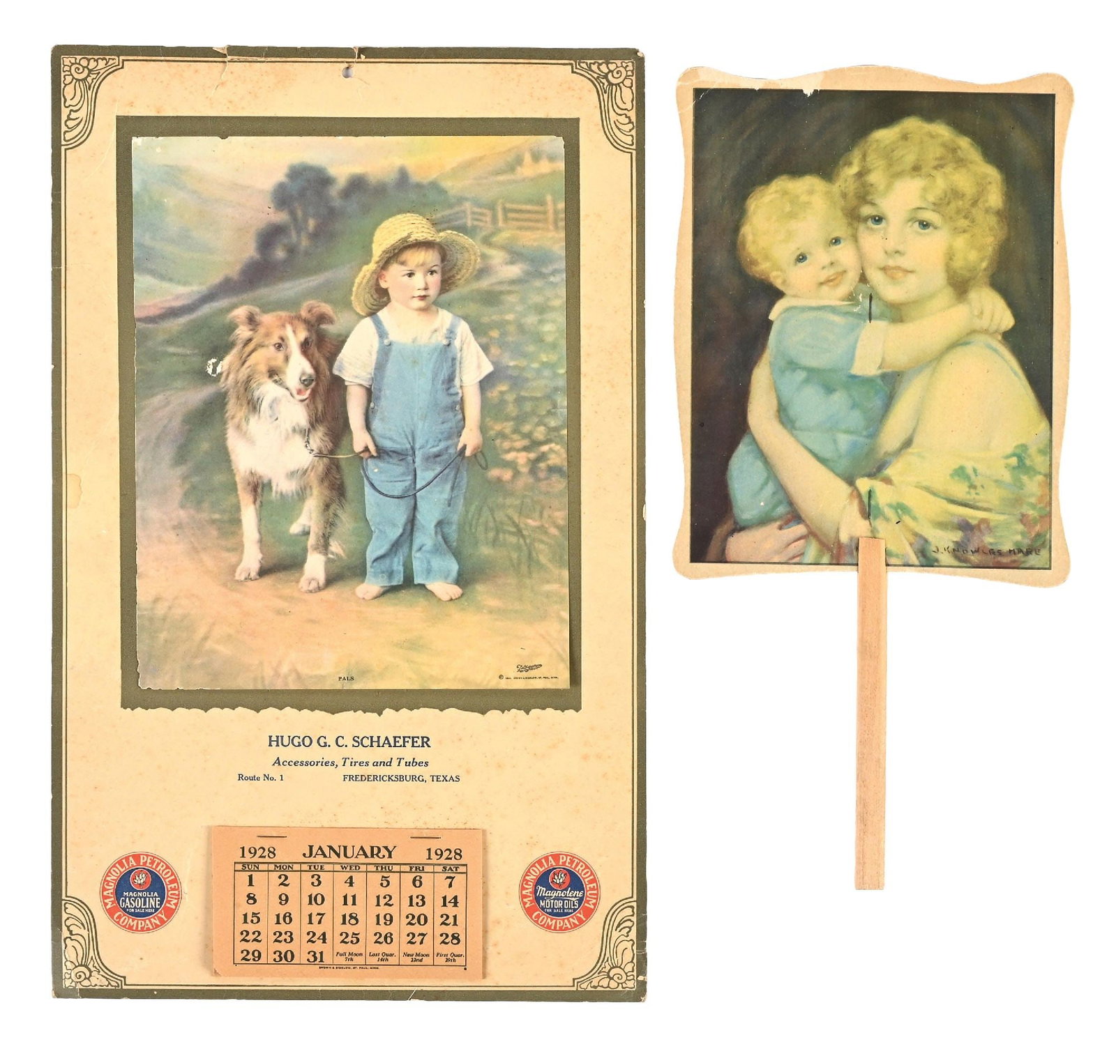 COLLECTION OF 2: MAGNOLIA PETROLEUM 1928 CALENDAR AND PROMOTIONAL HAND FAN (1 of 2)