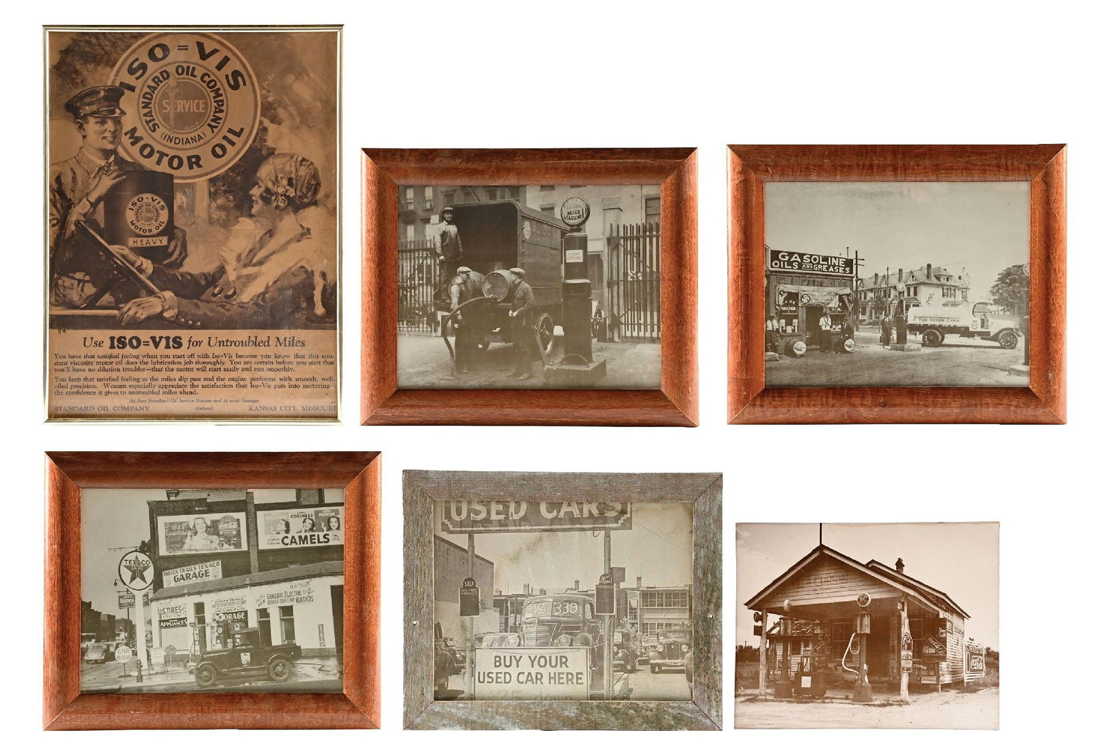 COLLECTION OF 6: SERVICE STATION FRAMED PHOTOS & ADVERTISING. (1 of 8)