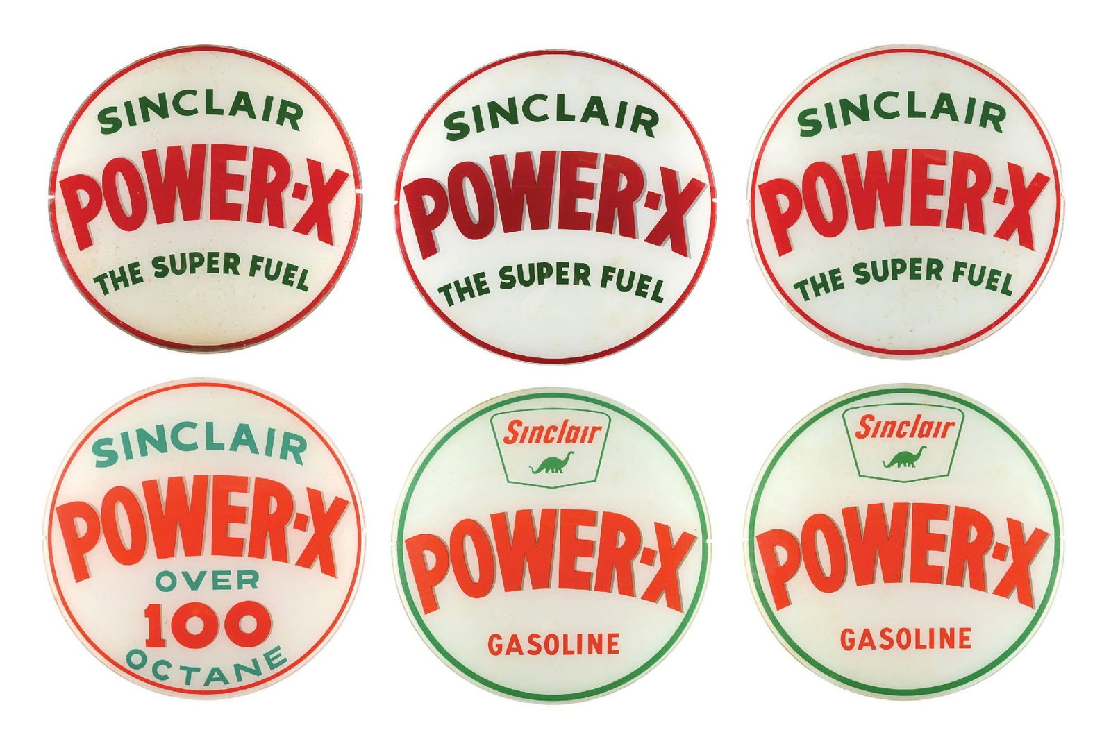 COLLECTION OF 6: SINCLAIR POWER-X & SUPER FUEL 13.5" SINGLE GLOBE LENSES IN ORIGINAL SHIPPING BOX (1 of 4)
