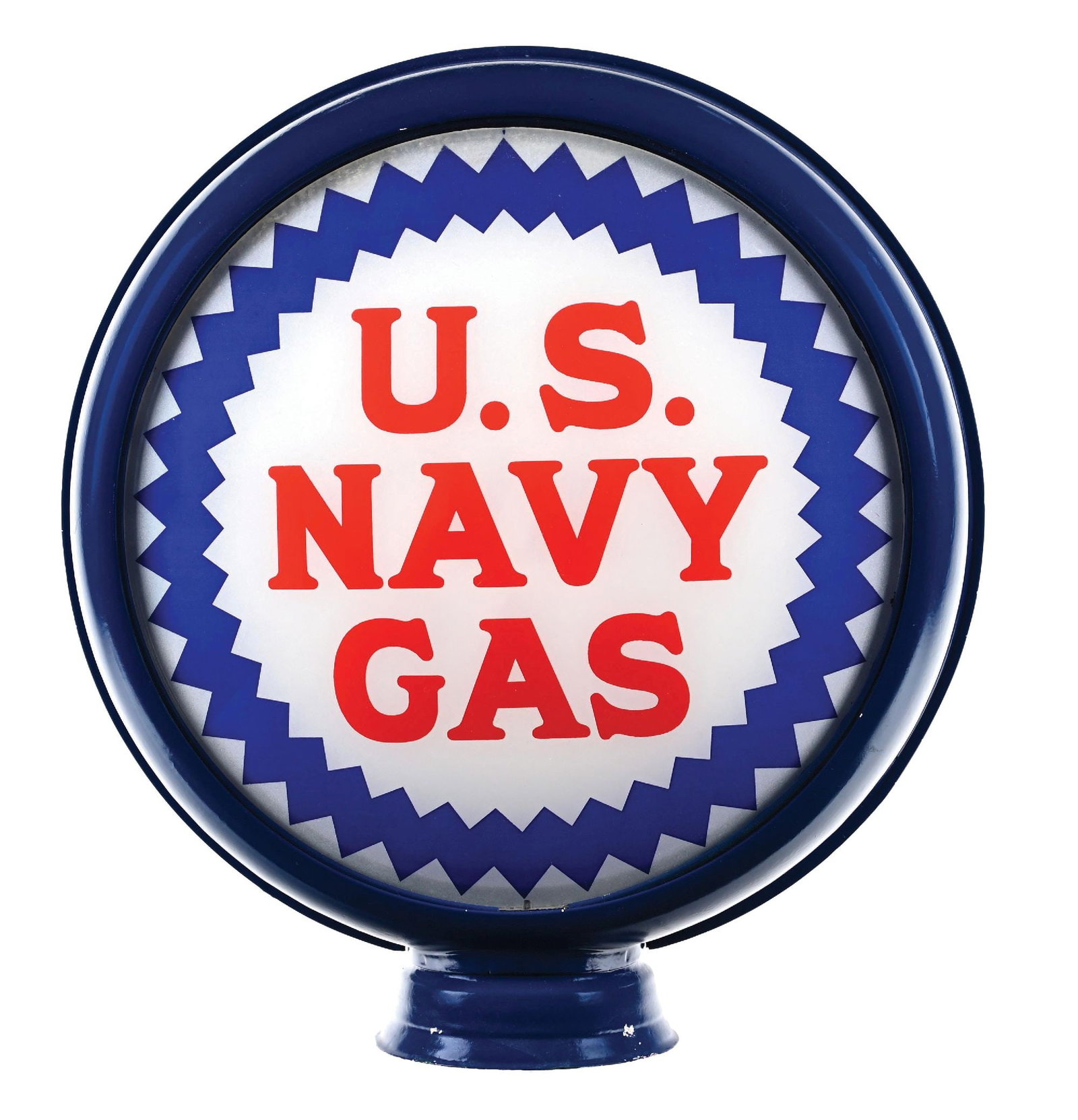 U.S. NAVY GAS COMPLETE 15" GLOBE ON METAL HIGH PROFILE BODY: Complete 15" Globe on Metal High Profile Body. CONDITION: Each lens in excellent condition showing bright colors with little to notable wear. Outer edges in excellent condition on each lens. Set on an