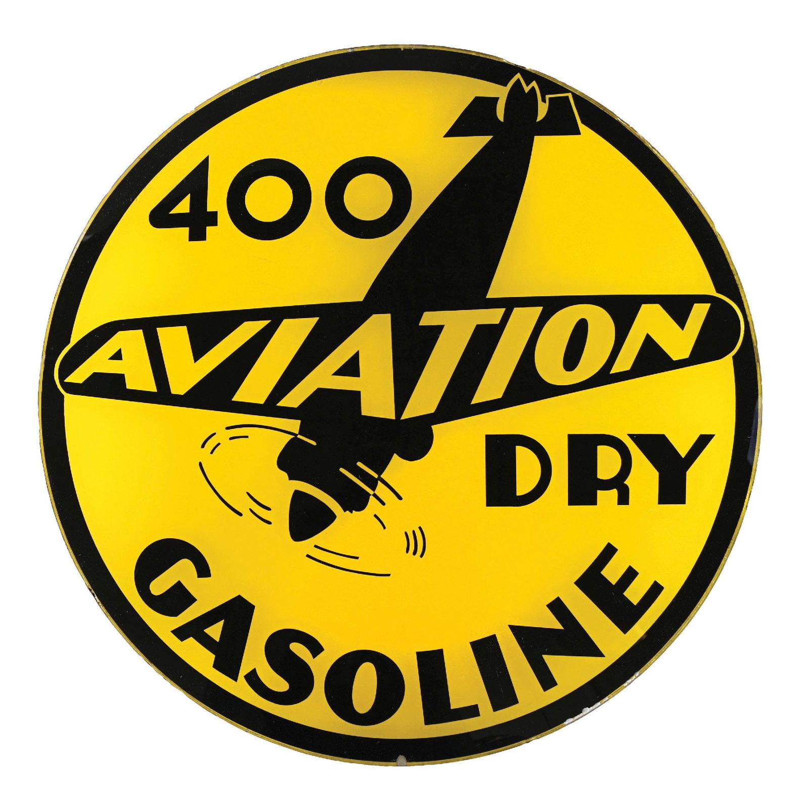 VERY RARE SHELL AVIATION DRY 400 GASOLINE SINGLE 15" GLOBE LENS W/ AIRPLANE GRAPHIC.: Single 15" Globe Lens. Shell Oil Company of California, San Francisco, CA. C. 1920s. CONDITION: Brilliant color & gloss throughout showing no notable wear to the field. Excellent condition graphic wit