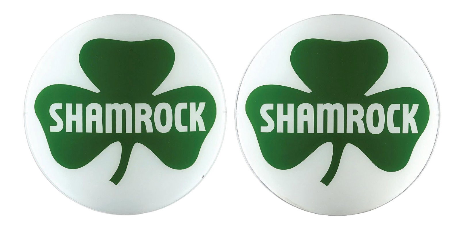 SET OF 2: SHAMROCK GASOLINE 13.5" GLOBE LENSES: Pair of two 13.5" Globe Lenses. CONDITION: Each showing excellent color & gloss with no notable field wear. Minor nicks at the mounting notches and along the outer edges. An excellent condition pair. 