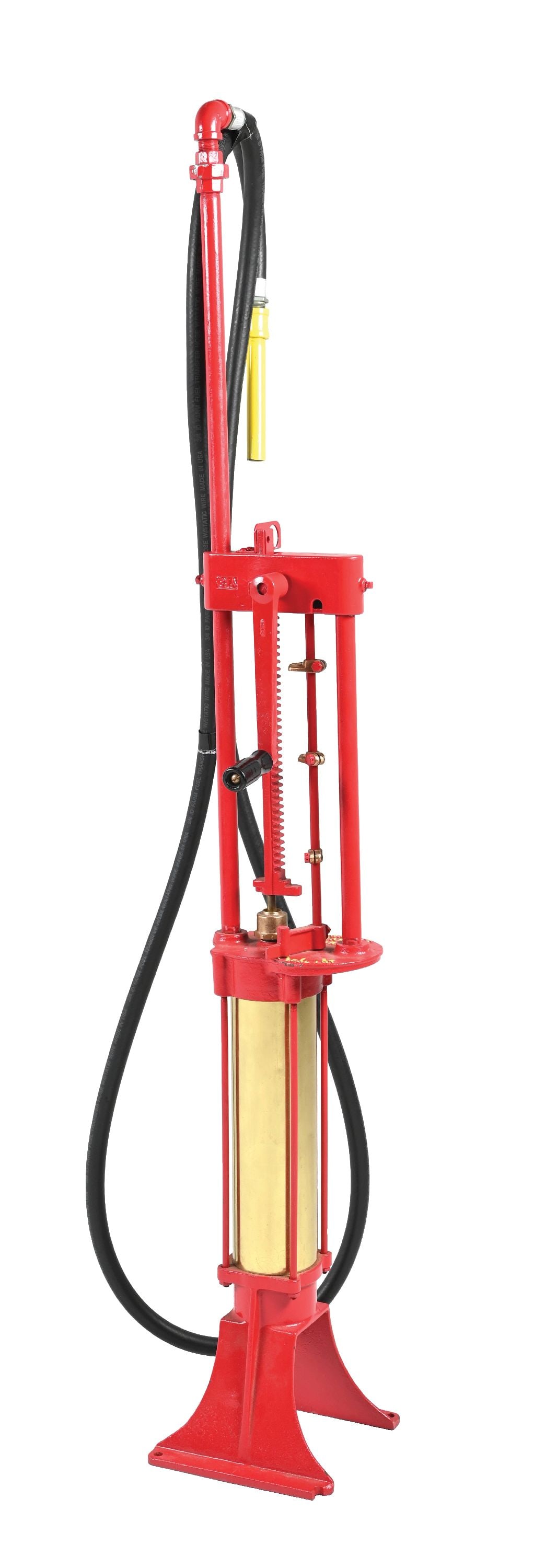 MILWAUKEE TANK WORKS LONG DISTANCE GAS PUMP: C. 1910s. CONDITION: Pump shows an excellent restoration done in red, yellow & black showing polished brass cylinder as well as black hose attached with nozzle. Very minimal age & storage wear but ove