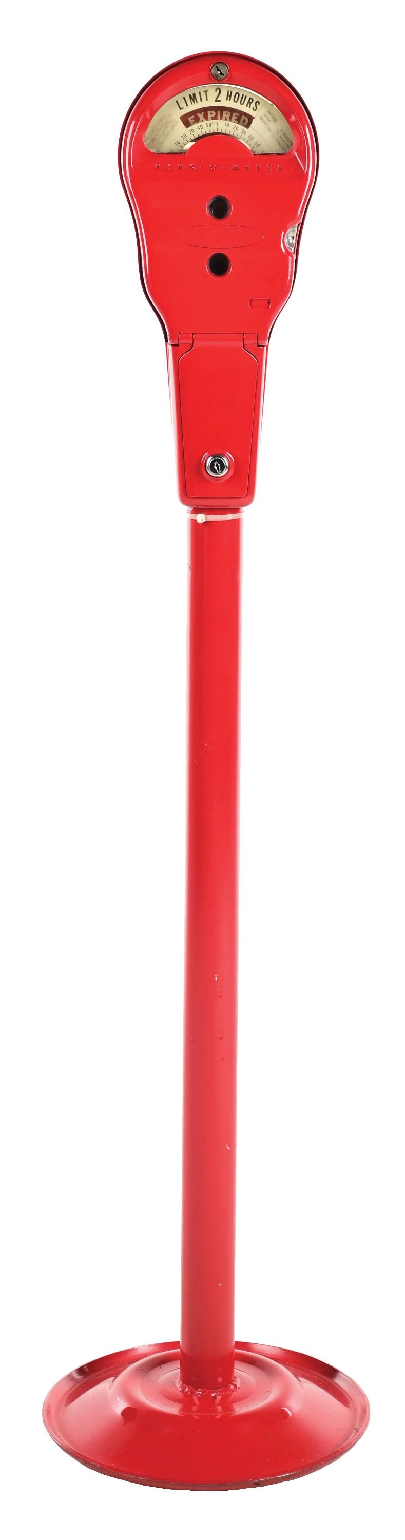 RESTORED PARKING METER ON PEDESTAL BASE.: CONDITION: Showing an excellent restoration done in red and mounted on a pedestal style base. Pole showing just a few small areas of paint wear, overall bright and well displaying. Meter incudes keys.
