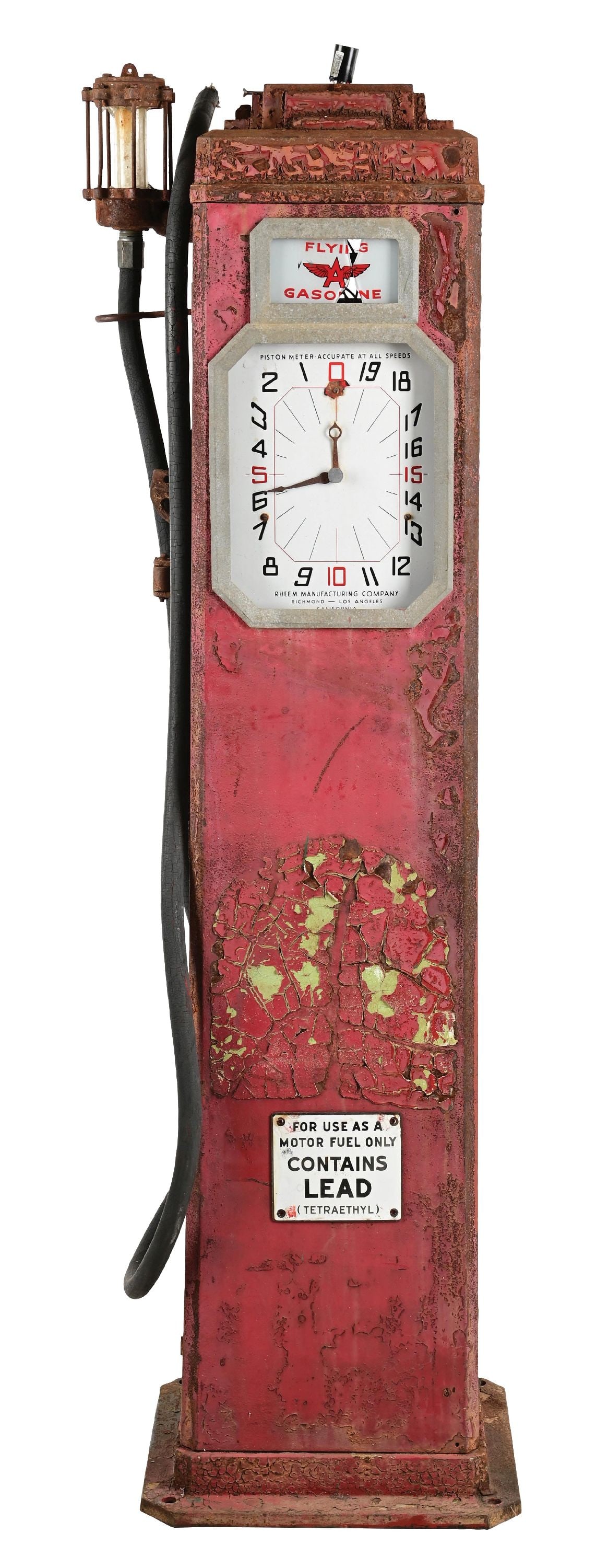 RHEEM MODEL #34 GAS PUMP.: CONDITION: Showing a large majority of original paint with heavy wear and patina resulting in an excellent look. Original clock dial faces intact showing light chipping. Pump showing sign glass with b