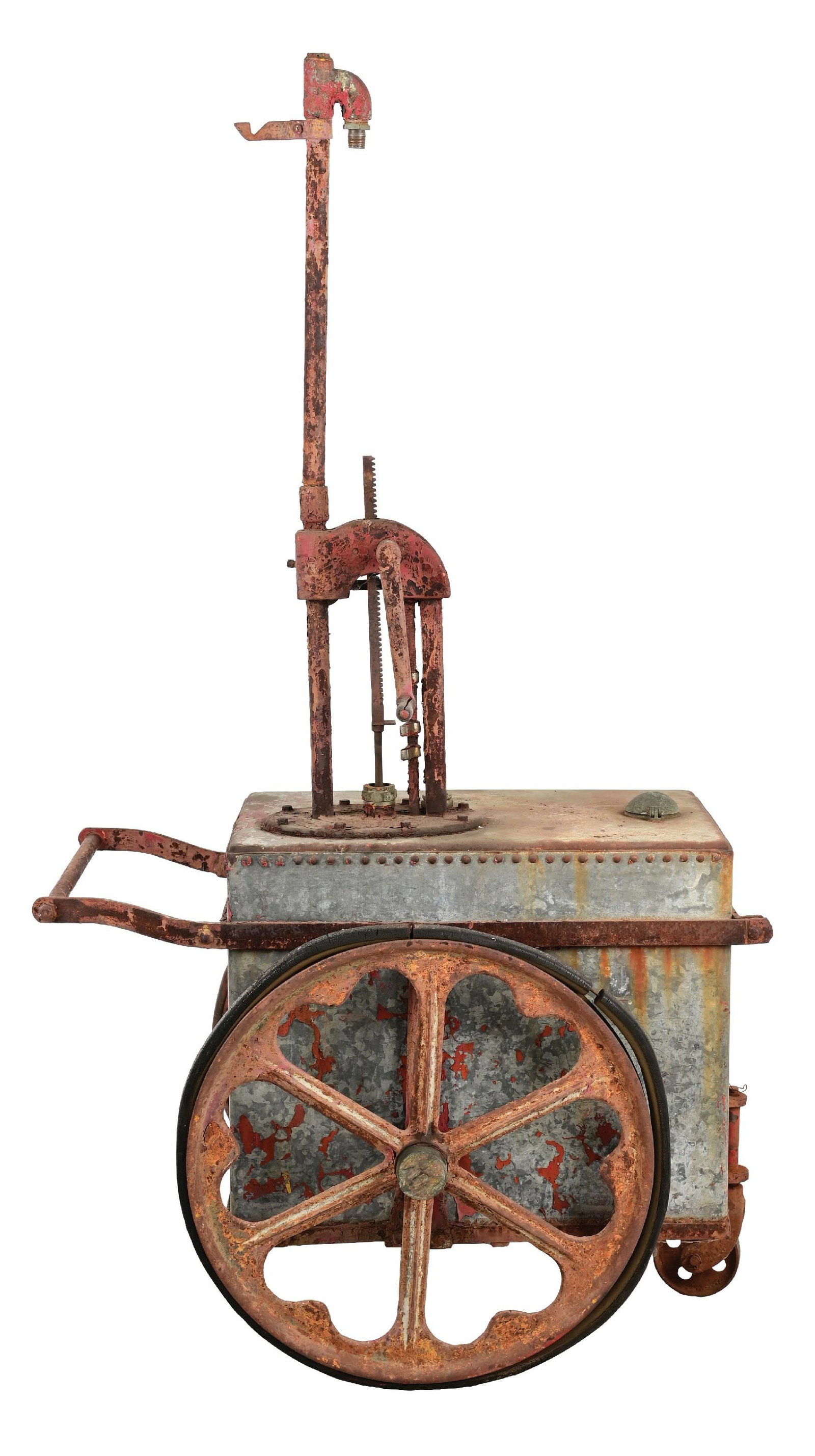 ORIGINAL BOYLE DAYTON SERVICE STATION LUBSTER CART.: CONDITION: In original as found condition showing remnants of the original paint visible. Wheels roll freely with pump intact. Displays well as is or is a great candidate for restoration. This is not 