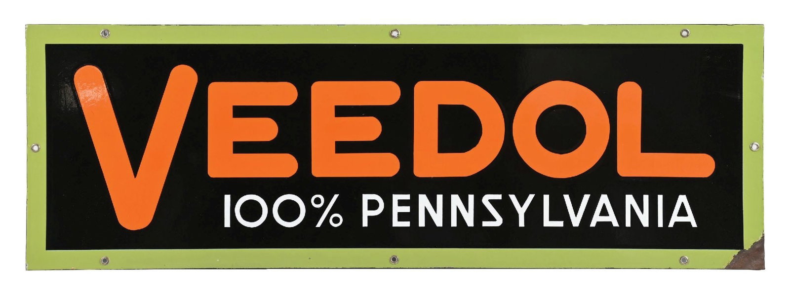VEEDOL 100% PENNSYLVANIA MOTOR OIL PORCELAIN SIGN: SSP. C. 1930s. CONDITION: Sign shows excellent color & gloss throughout, showing no field chipping with bright lettering. Mounting holes are all very clean with one heavy chip at the lower right edge.