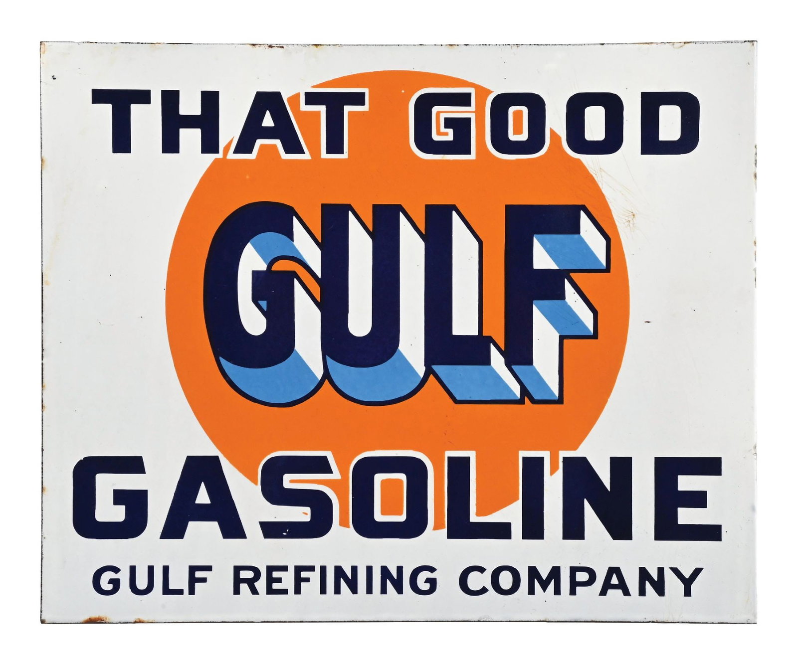 THAT GOOD GULF GASOLINE PORCELAIN FLANGE SUIGN: DSP. C. 1920s. Maker Marked Balto Enamel. CONDITION: Excellent color & gloss throughout the fields showing no notable chipping with some minor areas of age spiderwebbing and very minimal nicks. Minima