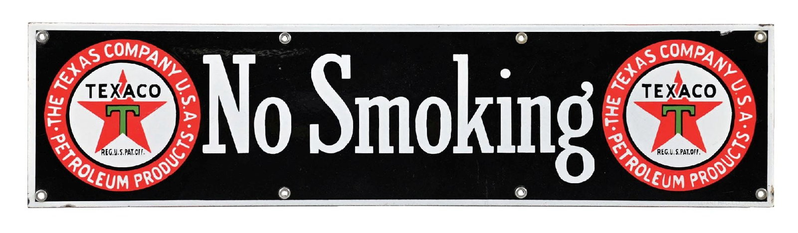 TEXACO NO SMOKING PORCELAIN STRIP SIGN: SSP. Maker Marked Brilliant. CONDITION: Outstanding color & gloss throughout the field, showing no notable chipping with excellent Texaco "Black T" graphics. Mounting holes in outstanding condition as