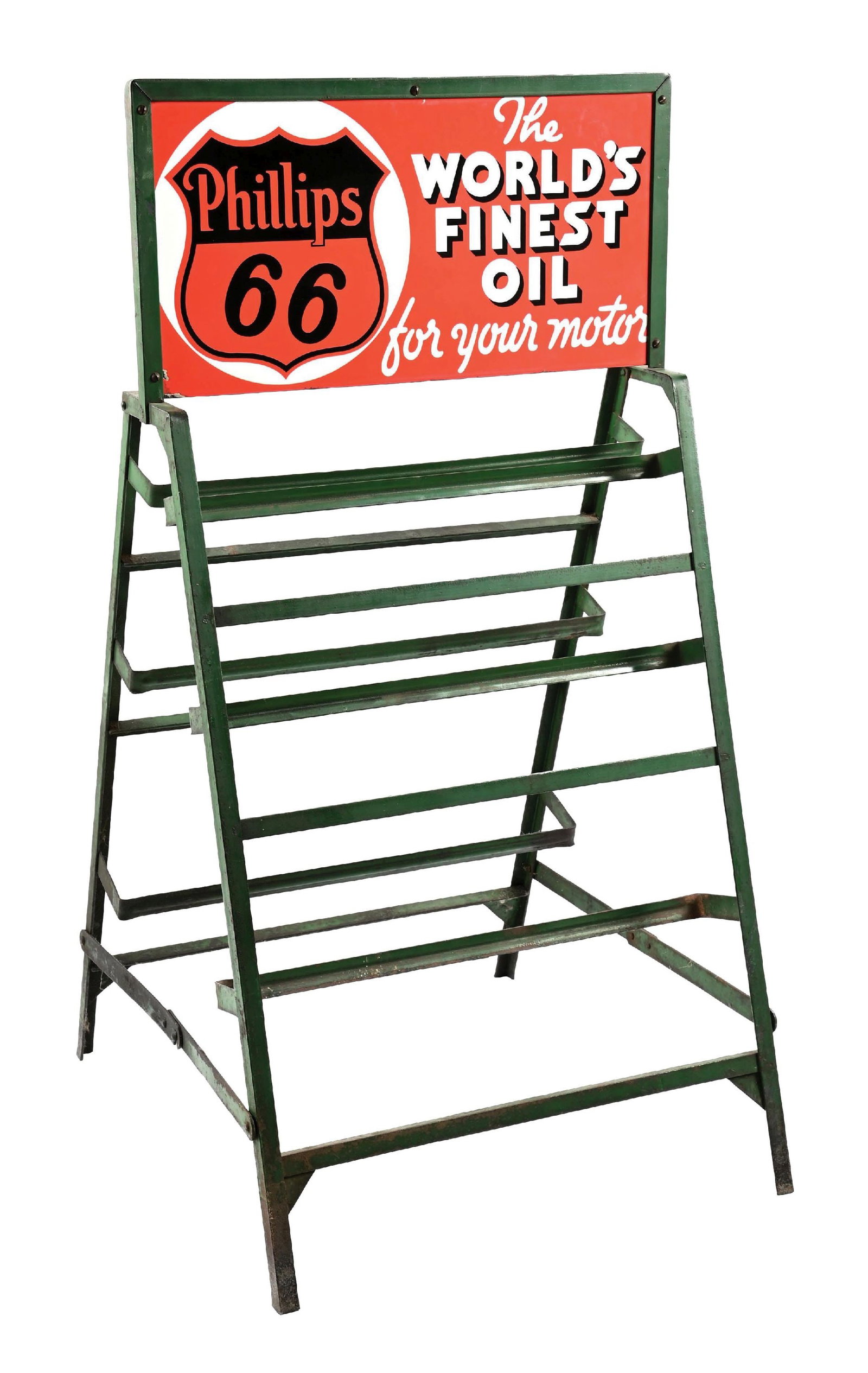 PHILLIPS 66 THE WORLD'S FINEST OIL PORCELAIN SIGN W/ ORIGINAL DISPLAY RACK: DSP. Maker Marked Burdick. CONDITION: Sign shows outstanding color & gloss throughout, with no notable field wear on either side. Each side showing clean shield graphics with light chips at the mounti