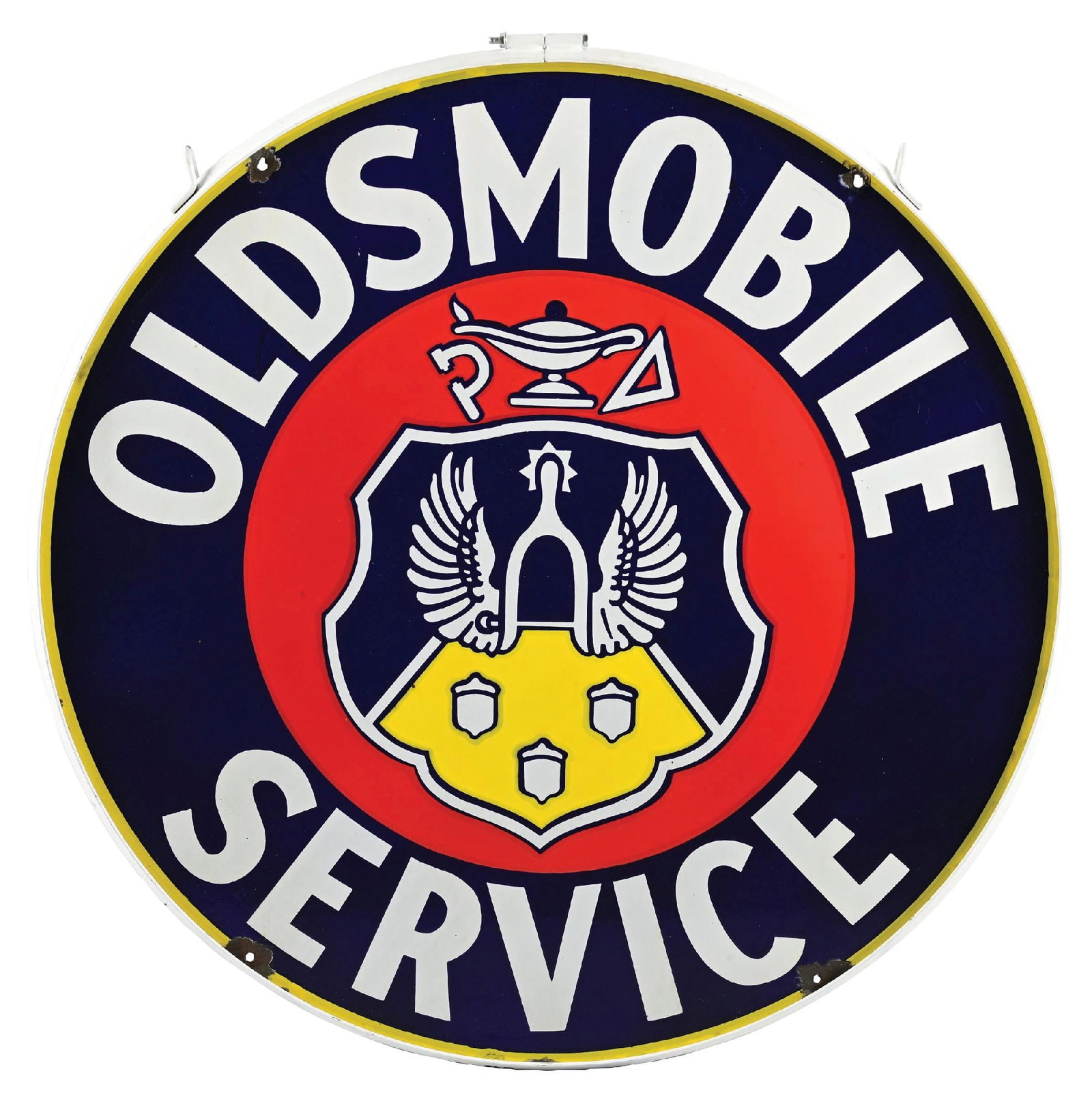 OLDSMOBILE SERVICE PORCELAIN SIGN WITH METAL RING: DSP. C. 1950s. CONDITION: Each side showing outstanding color & gloss throughout the fields with no notable field wear other than some fine surface scratches and light factory blemishes. Each side sho