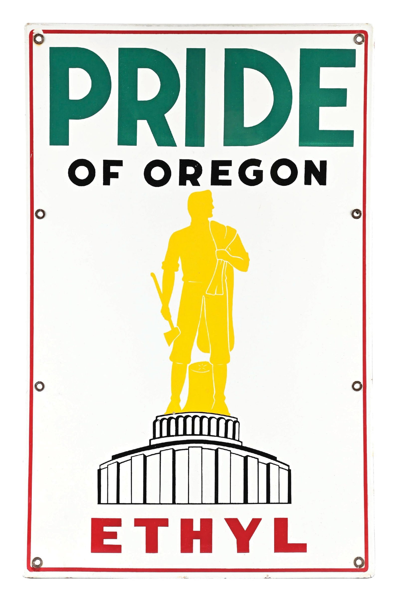 RARE PRIDE OF OREGON ETHYL GASOLINE PORCELAIN PUMP PLATE SIGN: SSP. C. 1940s. CONDITION: Outstanding throughout, showing clean field free of any heavy wear. One minimal nick in the lower field with no notable mounting hole wear. Outer edges in outstanding conditi