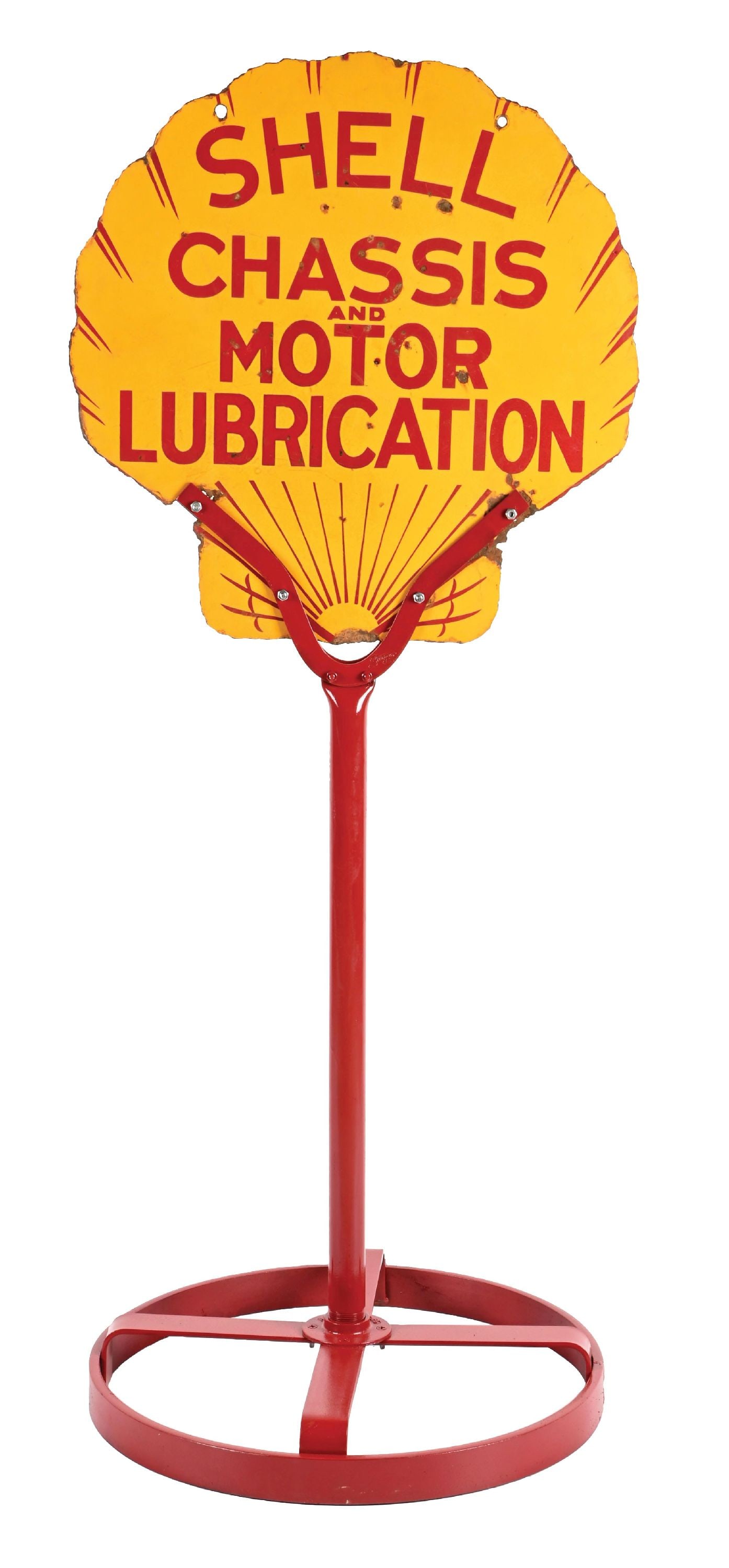 SHELL CHASSIS AND MOTOR LUBRICATION PORCELAIN CURB SIGN ON LOLLIPOP BASE.: DSP. C. 1920s. CONDITION: Each side showing very good color & gloss with some moderate chipping in the field. Heavier chipping at the mounting holes and along the outer edges. Mounted on a wagon wheel
