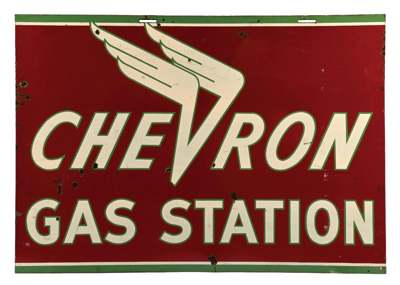 CHEVRON GAS STATION PORCELAIN SIGN: DSP. C. 1930s. CONDITION: Each side showing bright color & gloss throughout with scattered light chipping in the inner & outer fields. Side two showing heavier chipping and surface scratches but mostl