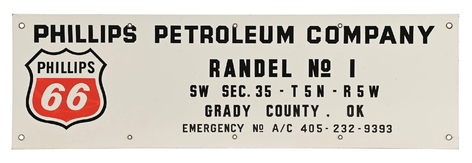 PHILLIPS PETROLEUM COMPANY PORCELAIN OIL WELL SIGHT SIGN: SSP. C. 1960s. CONDITION: Excellent color & gloss throughout showing no notable field chipping. Minor discoloration to the red porcelain. Mounting holes showing all original grommets intact with clean