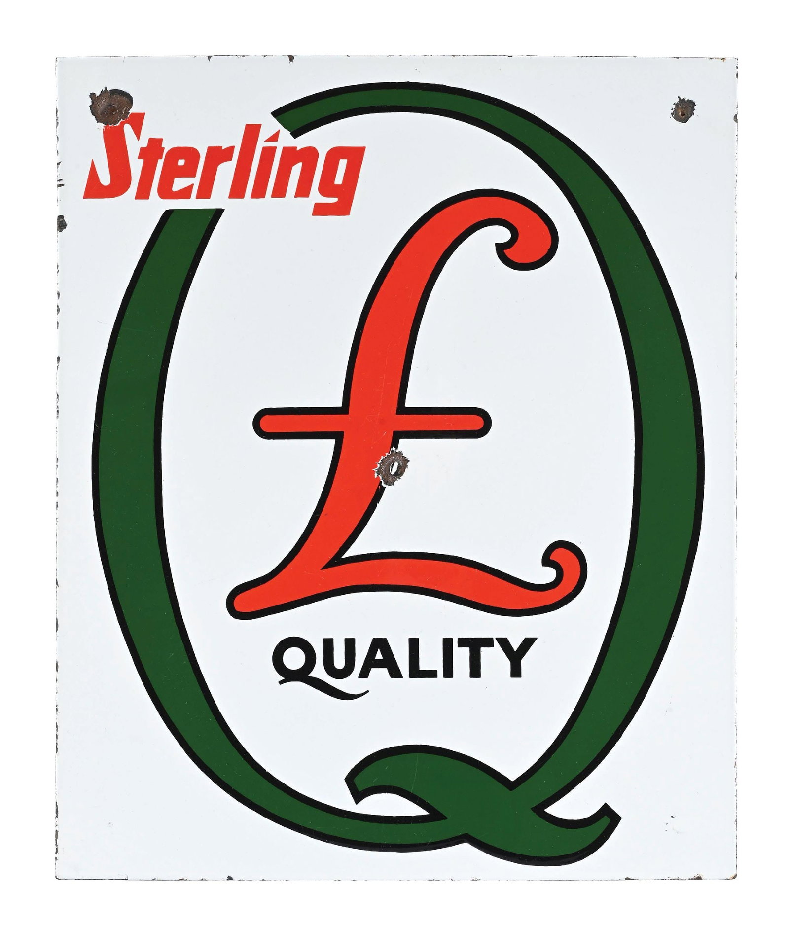 STERLING QUALITY GASOLINE PORCELAIN PUMP PLATE SIGN: SSP. C. 1960s. CONDITION: Excellent color & gloss throughout, showing minimal chipping in the field as well as chips at the upper field. Light nicks along the outer edge with minor use wear on the stu