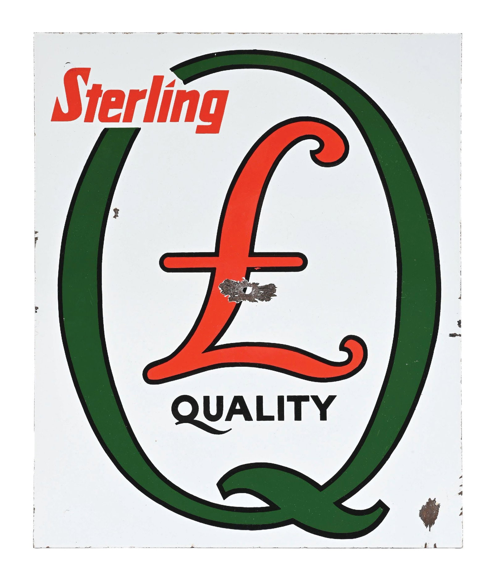 STERLING QUALITY GASOLINE PORCELAIN PUMP PLATE SIGN: SSP. C. 1960s. CONDITION: Bright color & gloss, showing chipping at the inner & outer fields. Minor nicks along the outer edges. Mounting brackets at the backside showing light general use wear. Condi