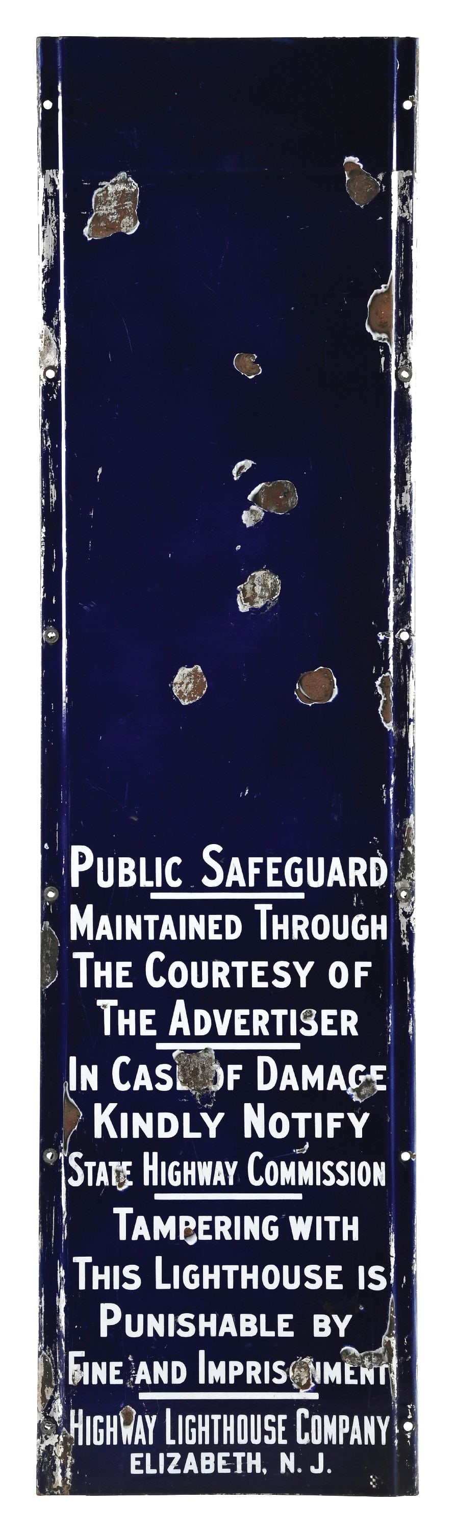 PUBLIC SAFEGUARD PORCELAIN LIGHTHOUSE PANEL SIGN: SSP. C. 1920s. CONDITION: Showing very good color & gloss with moderate to heavier chipping in the field as well as along the outer edges. Mounting holes in fair condition. A rare and early piece. Thi