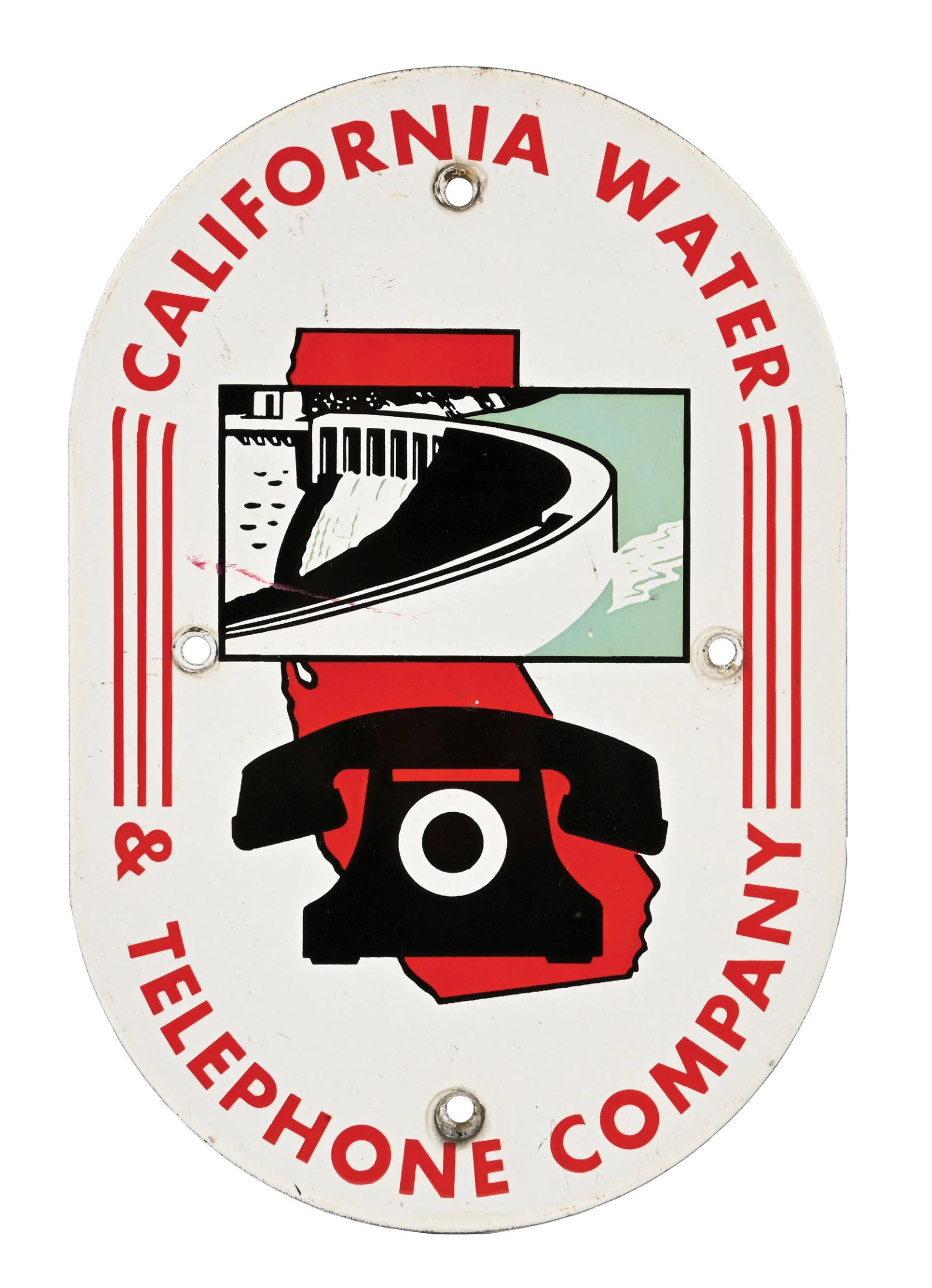 CALIFORNIA WATER & TELEPHONE COMPANY PORCELAIN SERVICE STATION SIGN: SSP. CONDITION: Excellent color & gloss with clean graphics throughout the field. Minor areas of light surface scratches with light mounting hole wear. Minimal wear along the outer edges. An excellent