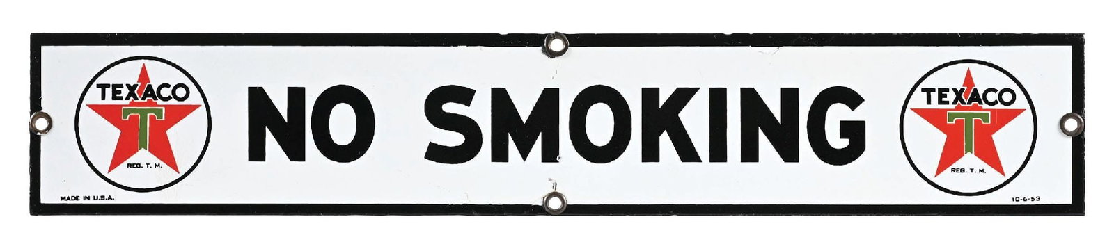 TEXACO NO SMOKING PORCELAIN STRIP SIGN: SSP. CONDITION: Excellent color & gloss throughout, showing one small nicks in the lower field. Light touch ups along the black bordered edge. Condition: (8.75). Dimensions: 23" x 4".