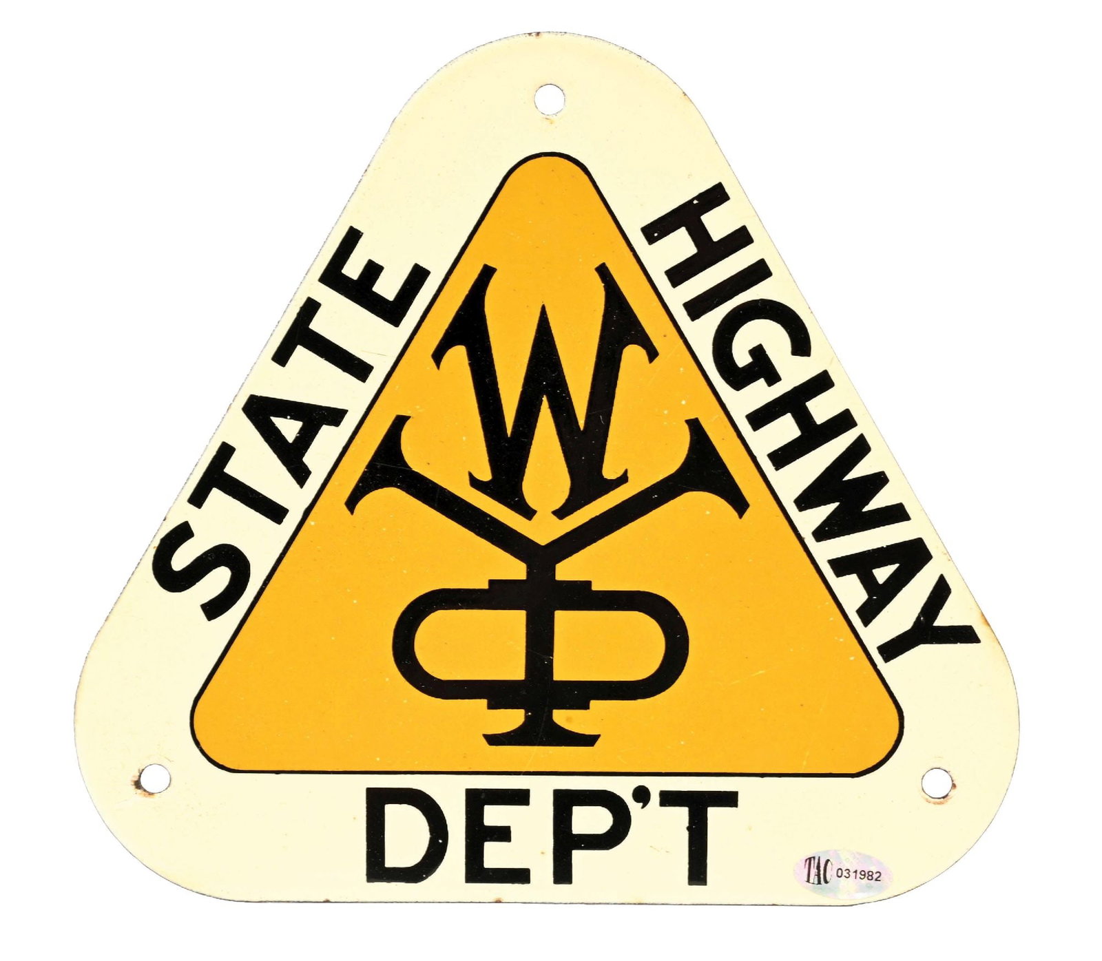 WYOMING STATE HIGHWAY DEPARTMENT PORCELAIN SIGN: SSP. CONDITION: Brilliant color & gloss throughout showing no notable field wear other than some fine surface scratches. Mounting holes and outer edges in excellent condition. Most likely n.o.s. A bri